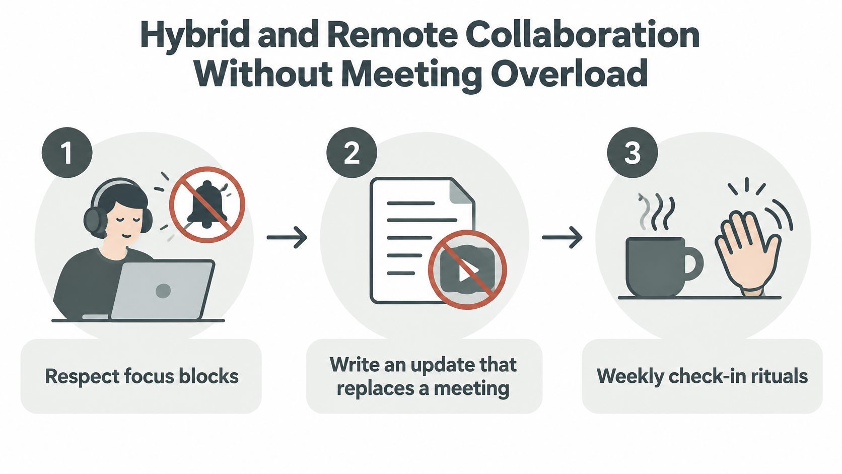 An infographic illustrating three strategies for hybrid and remote collaboration to avoid excessive meetings.