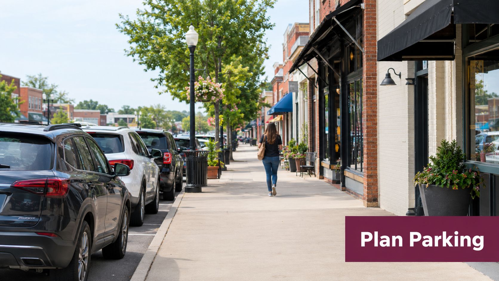 A woman walks down a sunlit city sidewalk lined with parked cars and storefronts on a clear day.