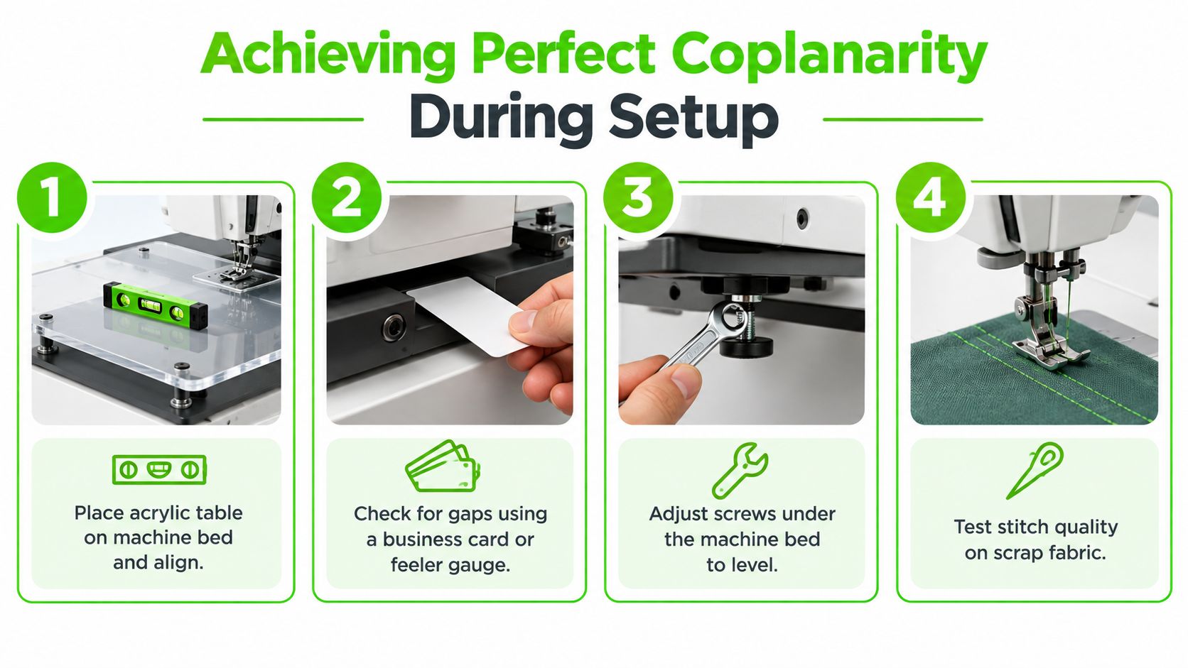A four-step instructional graphic showing how to level an acrylic sewing machine extension table for perfect coplanarity.