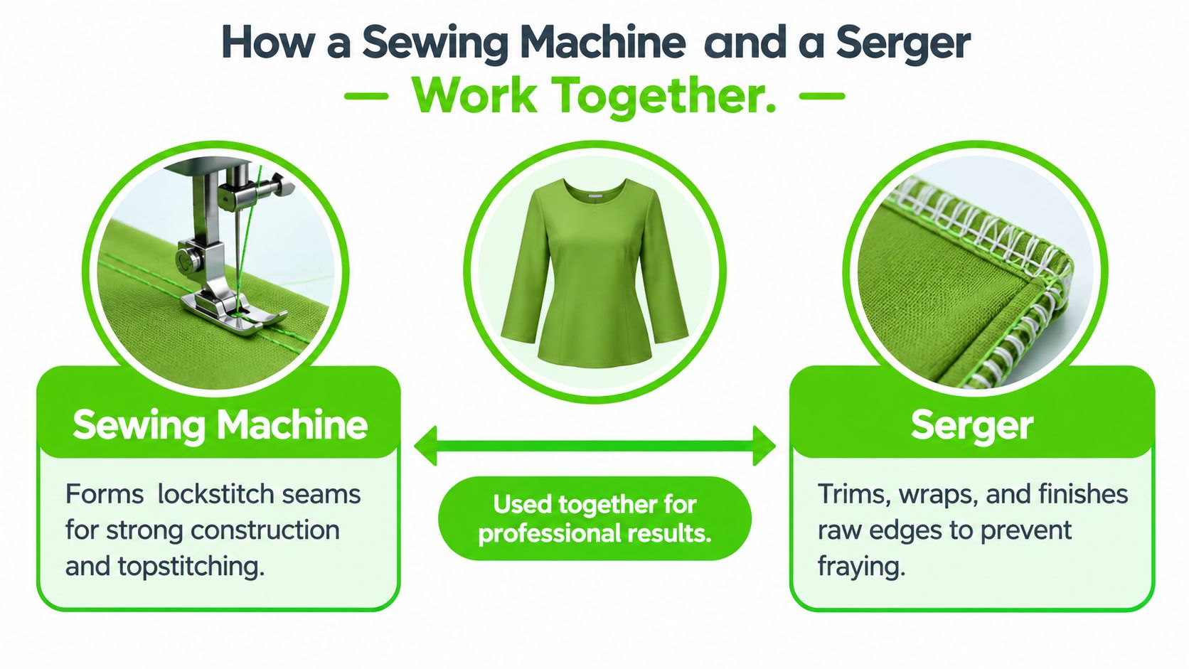 A diagram illustrating how a sewing machine and a serger work together to create professional garments.