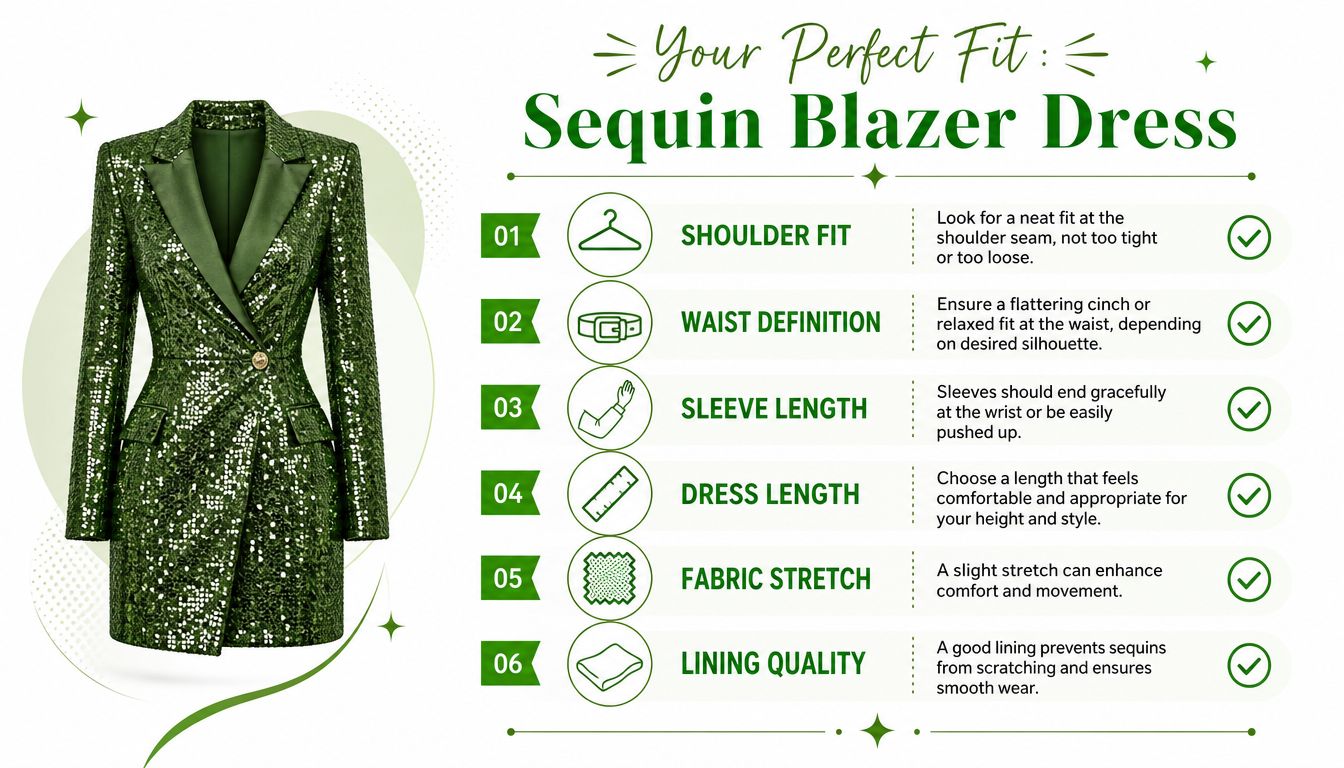 An infographic detailing six essential tips for choosing the perfect fit for a green sequin blazer dress.