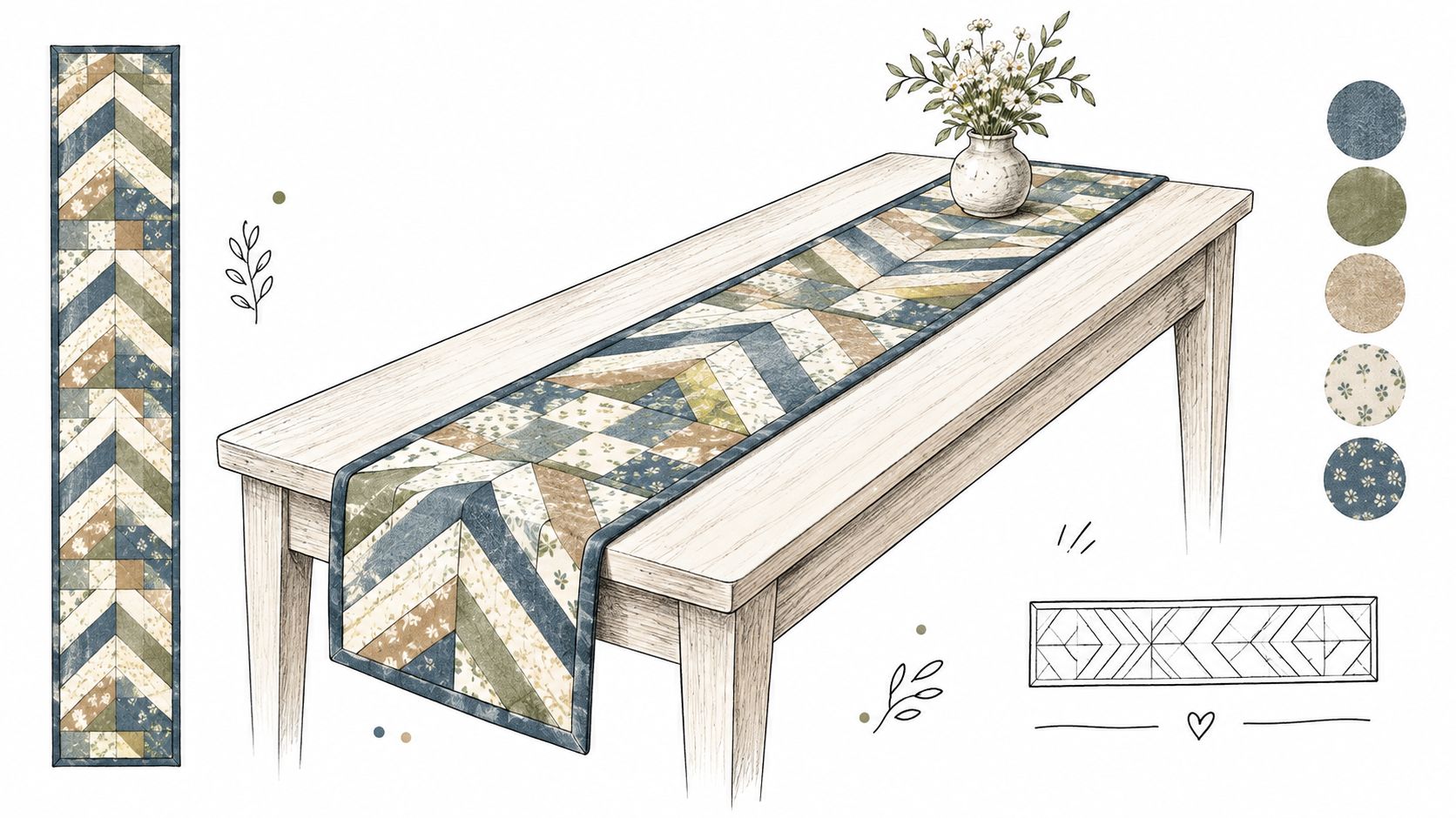 A digital illustration showing a quilted table runner design with chevron patterns and fabric color swatches.