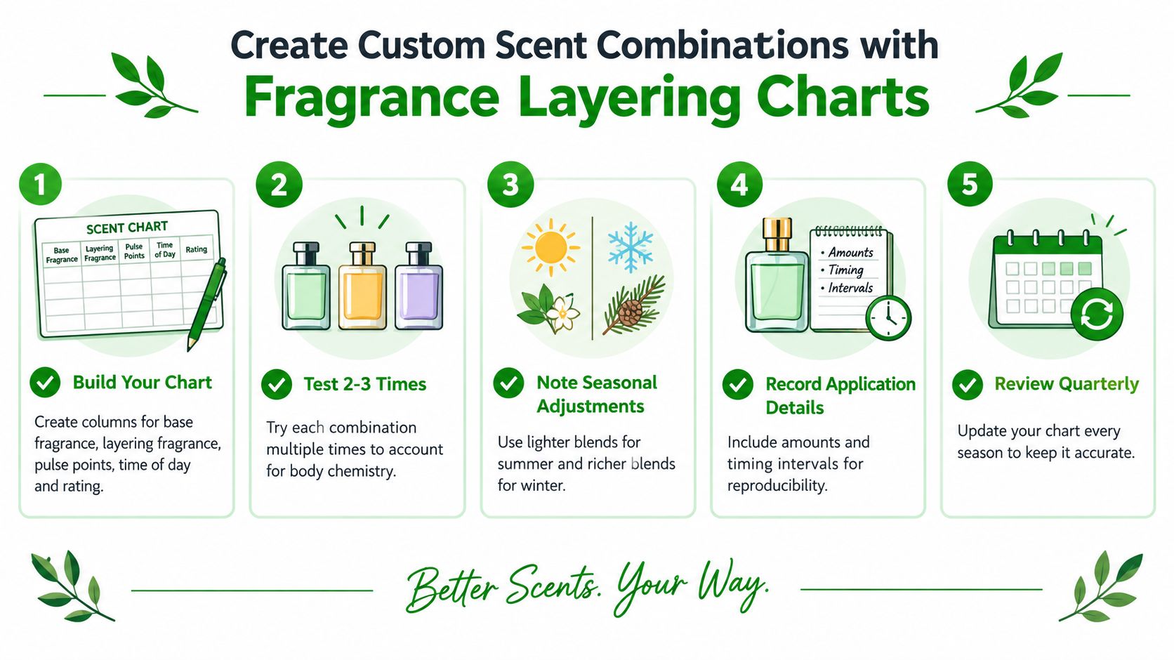 An infographic illustrating five steps for creating custom fragrance layering charts to enhance personal scent combinations.