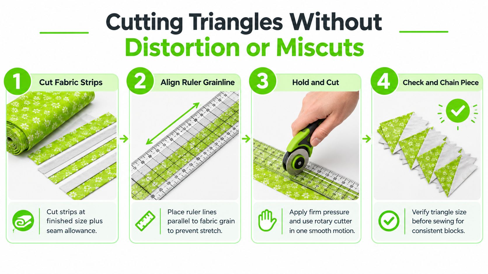 An infographic showing four steps to accurately cut fabric triangles for quilting using a rotary cutter.