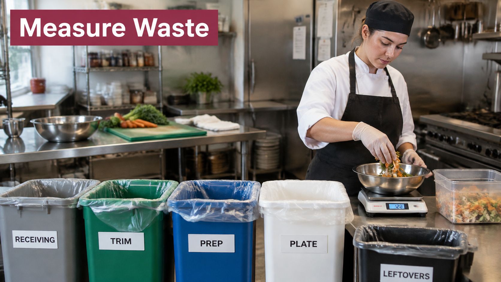A professional chef measuring food waste using a scale in a commercial restaurant kitchen environment.