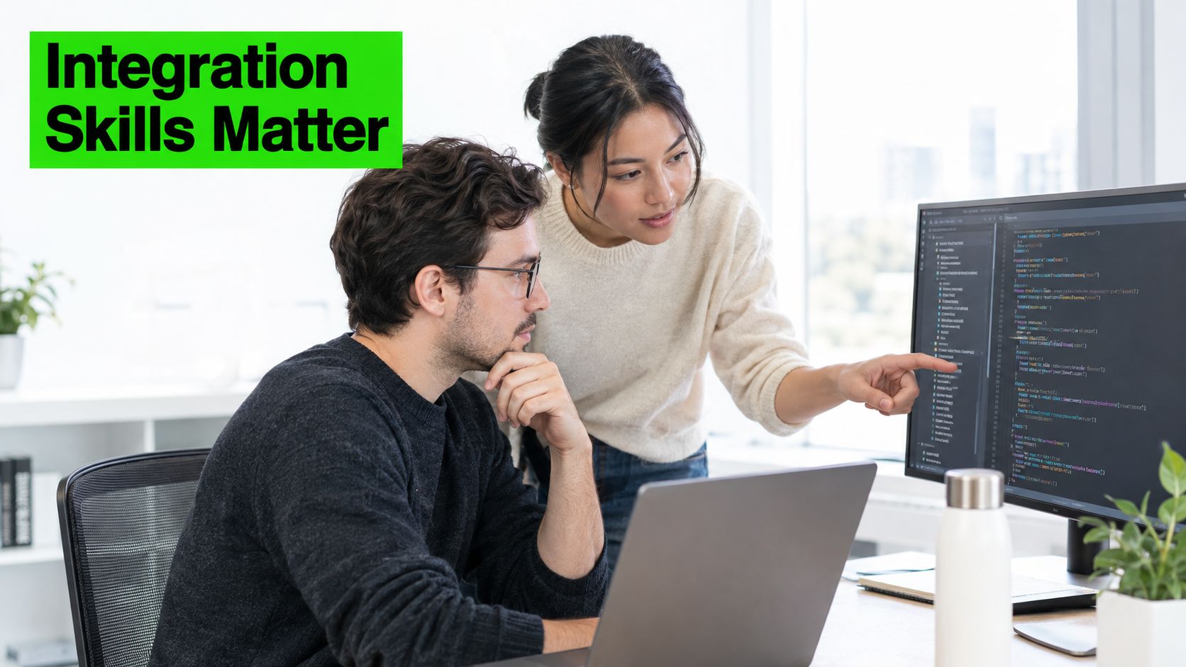A male and female developer collaborating on code while looking at a large computer monitor.