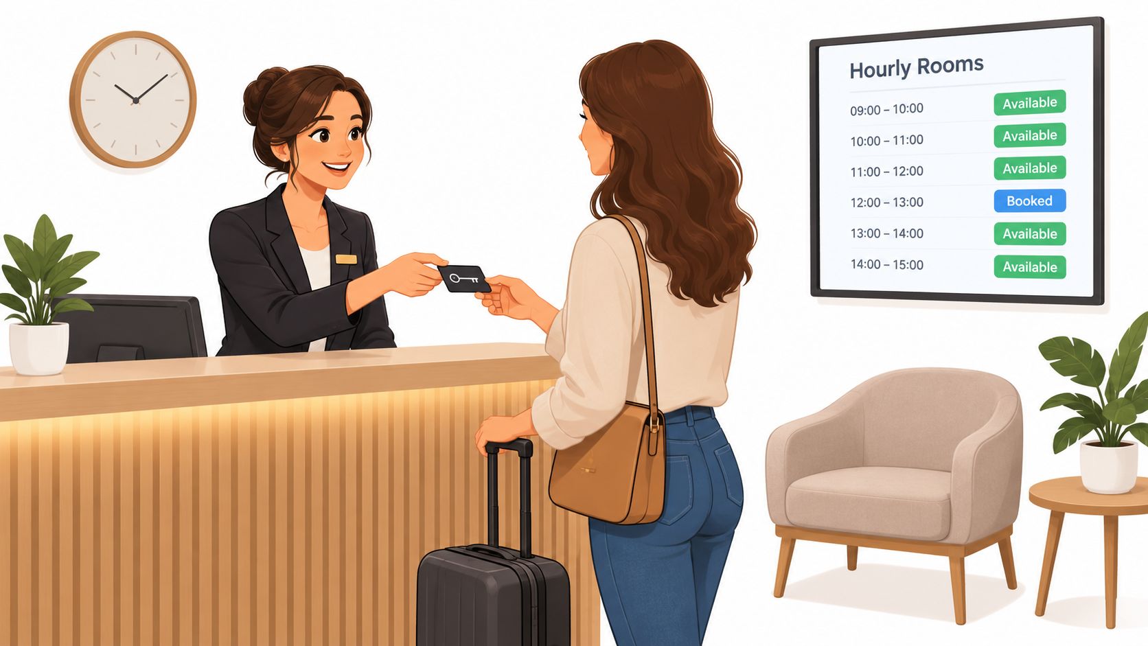 A hotel receptionist handing a key card to a guest standing with her luggage at a front desk.