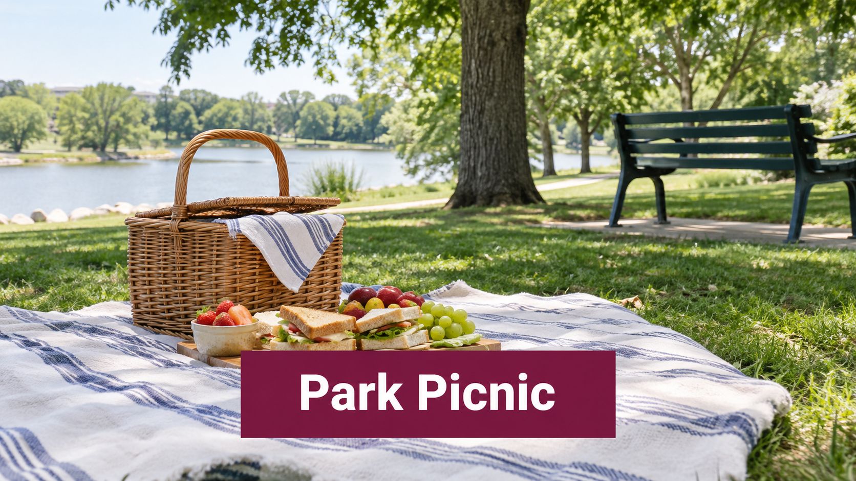 A picnic basket and sandwiches on a blanket in a park near a lake and bench.