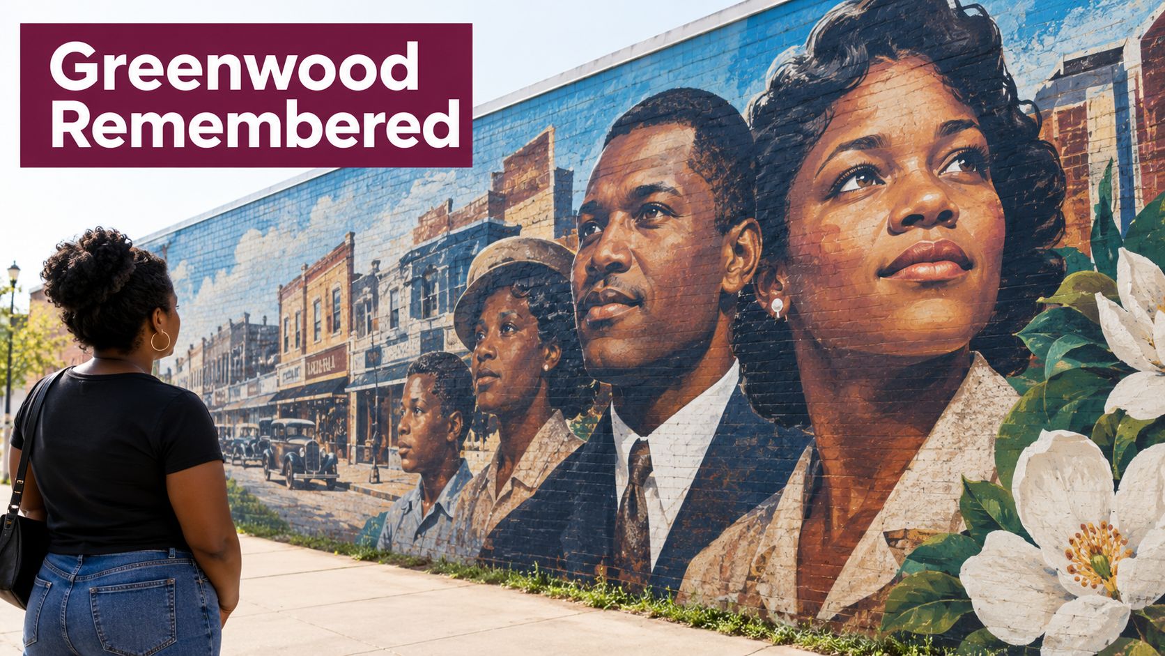 A woman stands looking at a large mural titled Greenwood Remembered featuring portraits of African Americans.