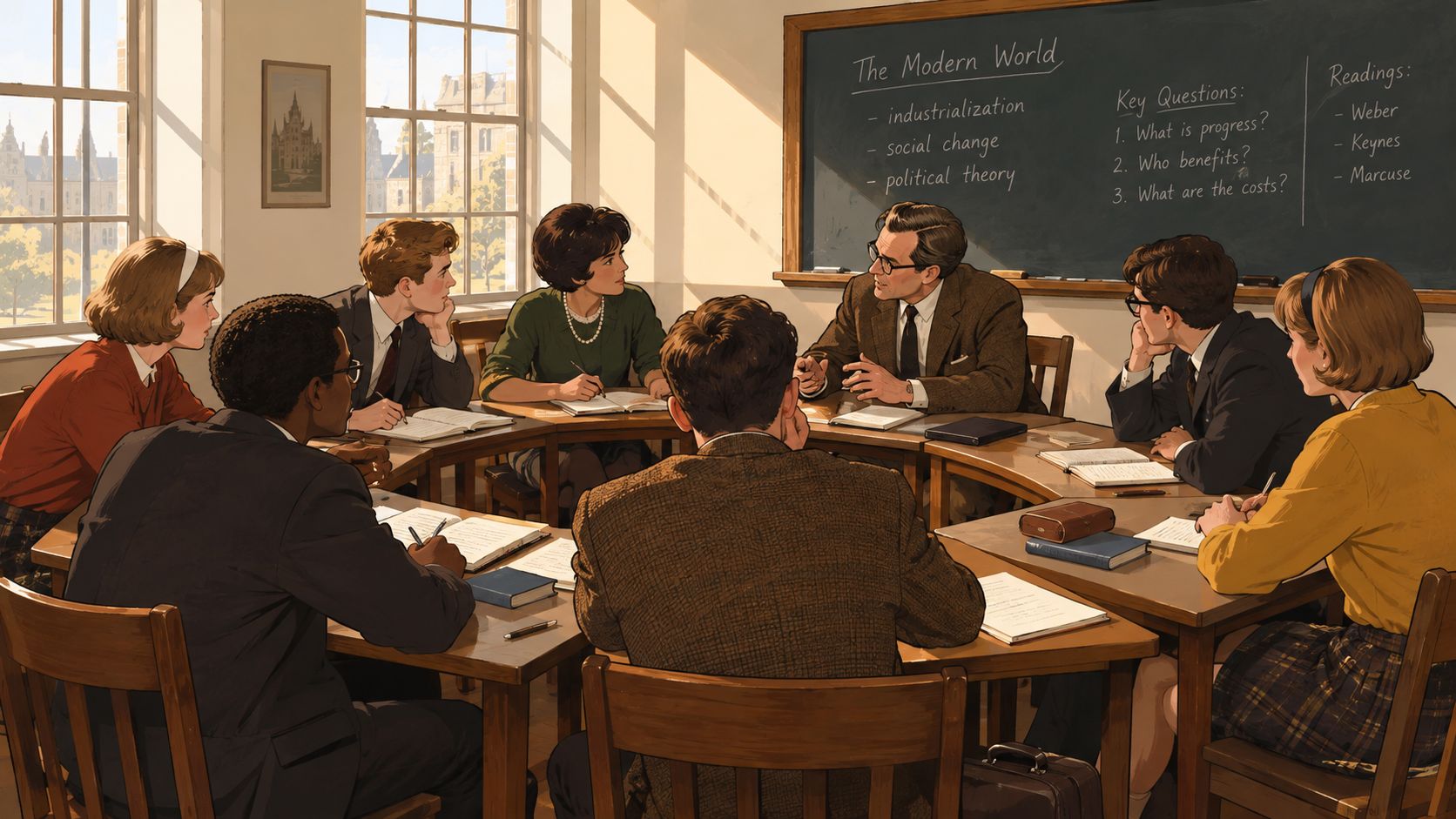 A professor leads an engaging academic seminar with students in a sunlit university classroom setting.