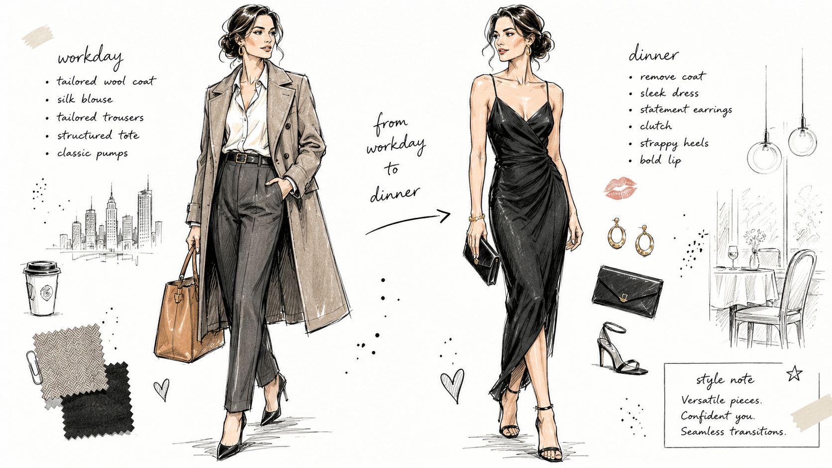 A fashion illustration showing a professional workday outfit transitioning into an elegant evening dinner look.