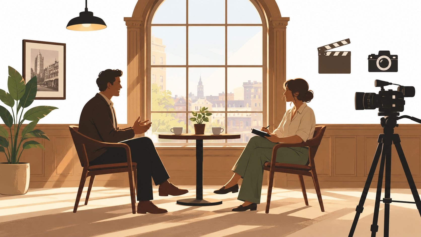 A man and woman participating in a professional video interview in a sunlit room with a camera.