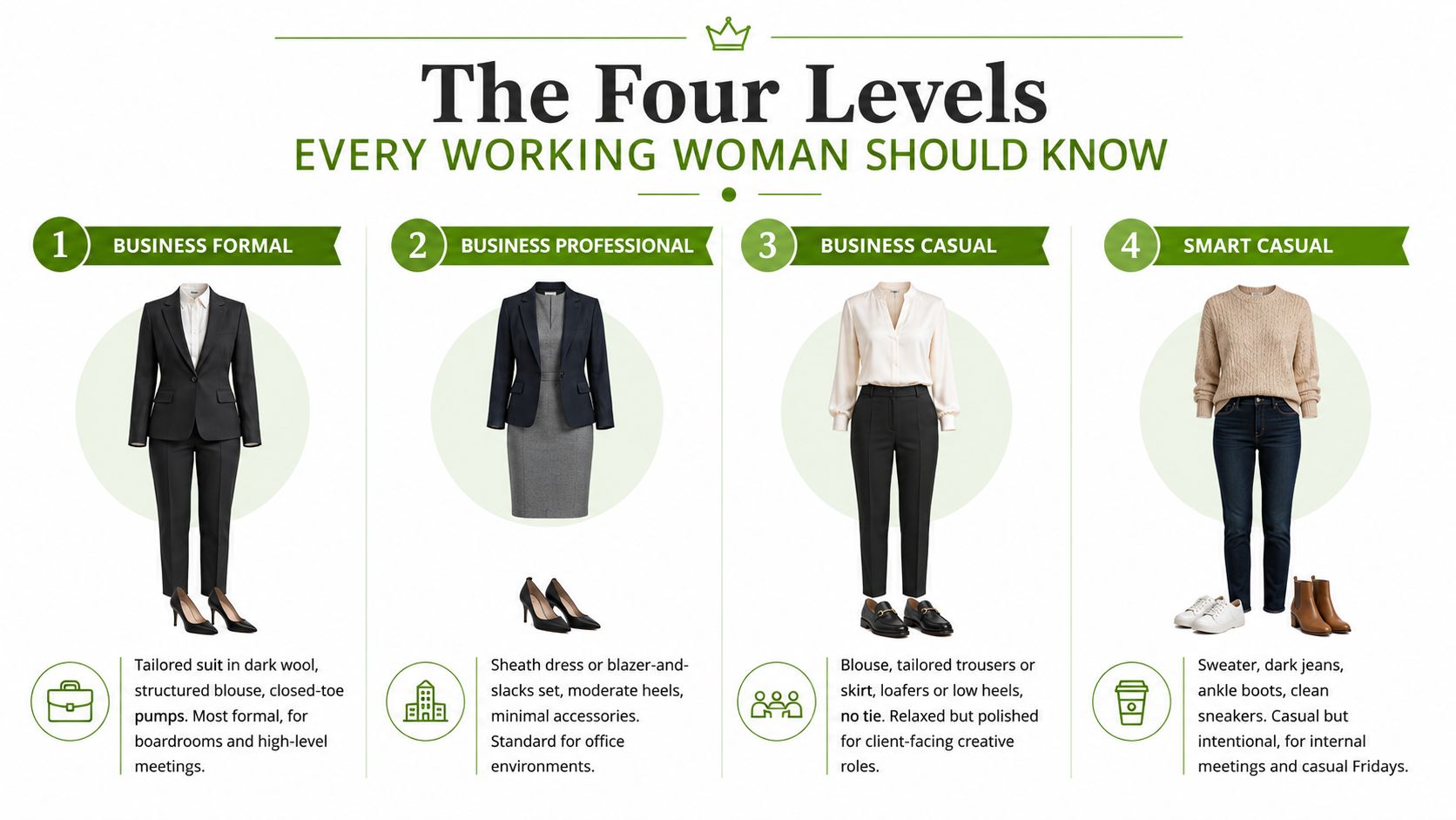An infographic illustrating four levels of professional dress code for women from formal to smart casual.