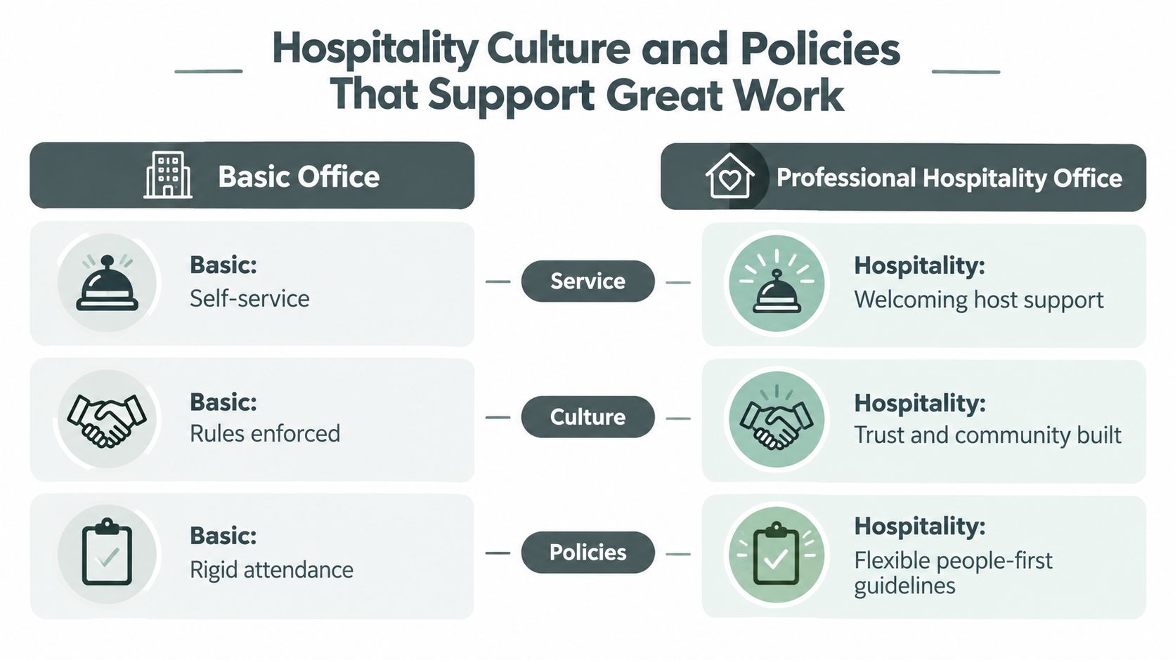 A comparison chart showing the differences between a basic office and a professional hospitality-driven office environment.