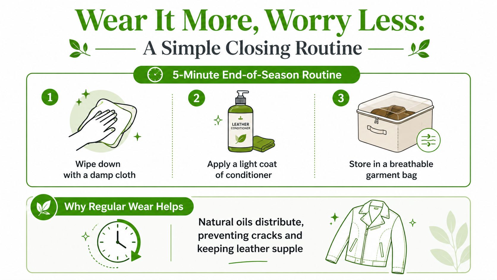 An infographic showing a three-step routine for leather jacket care and the benefits of regular wear.