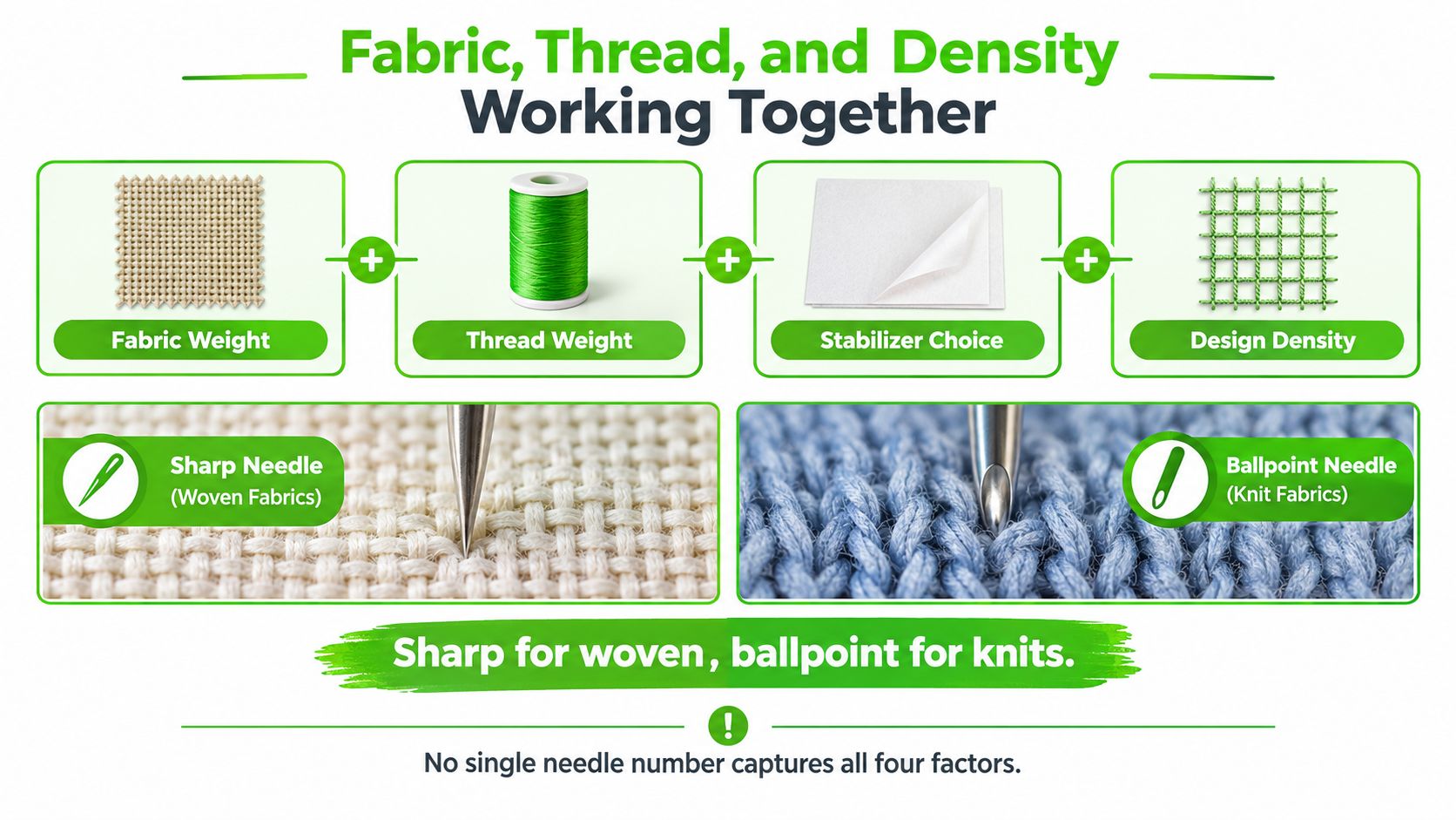 A diagram illustrating the relationship between fabric, thread weight, stabilizer choice, design density, and needle selection in embroidery.