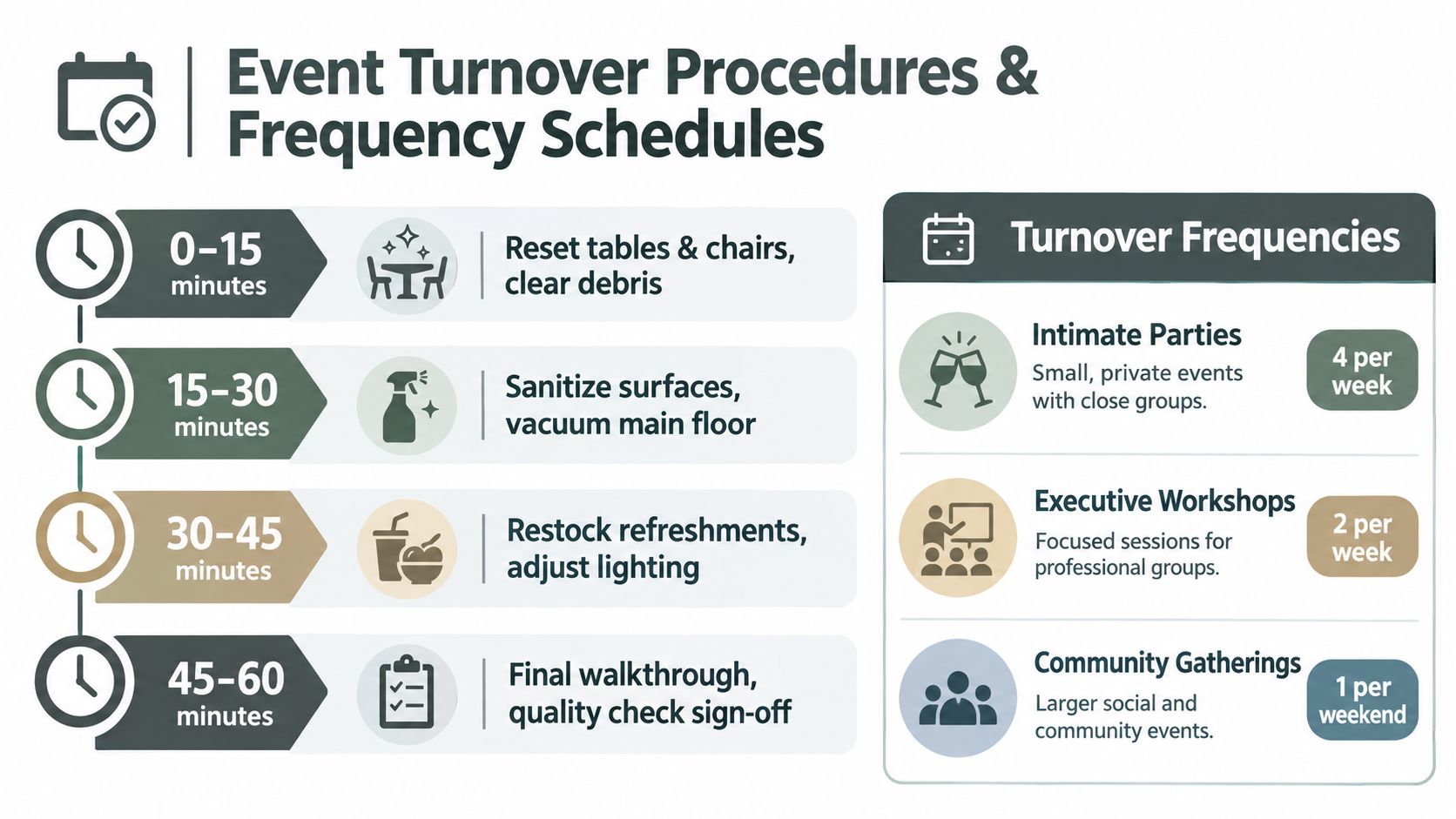 A structured event turnover procedures and frequency schedule chart for venue management and cleaning tasks.