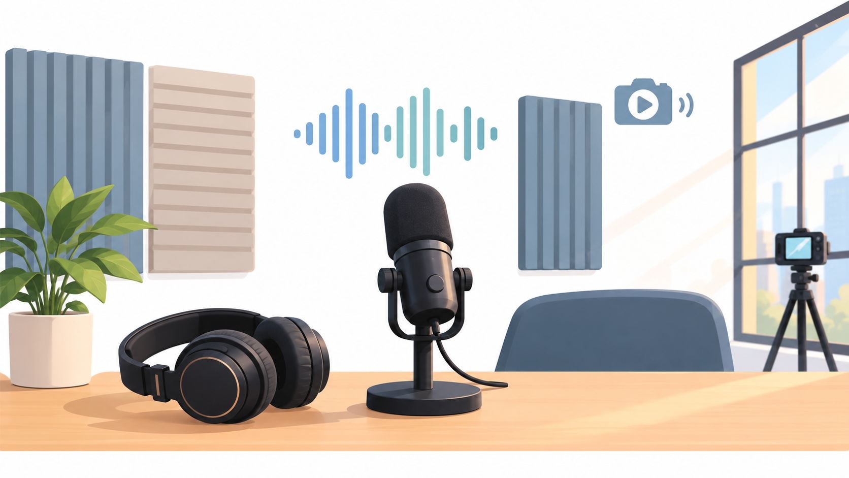 A professional home podcasting setup with a microphone, headphones, and camera on a wooden desk.