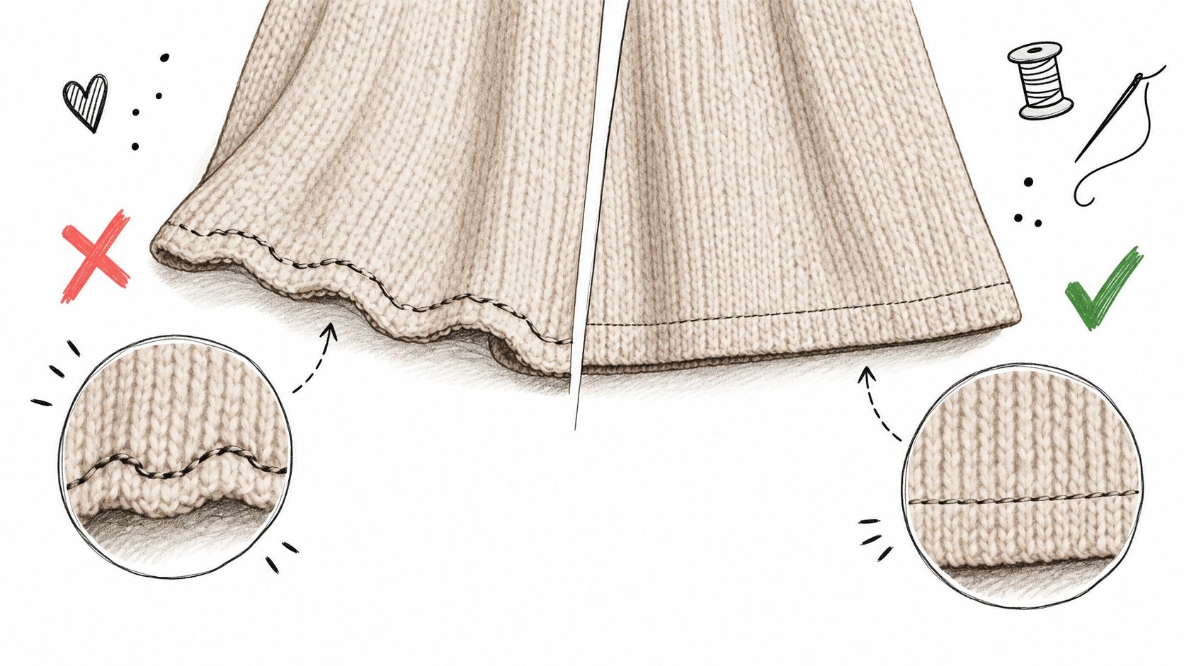 A diagram comparing a wavy, poor-quality hem on the left versus a straight, professional hem on the right.