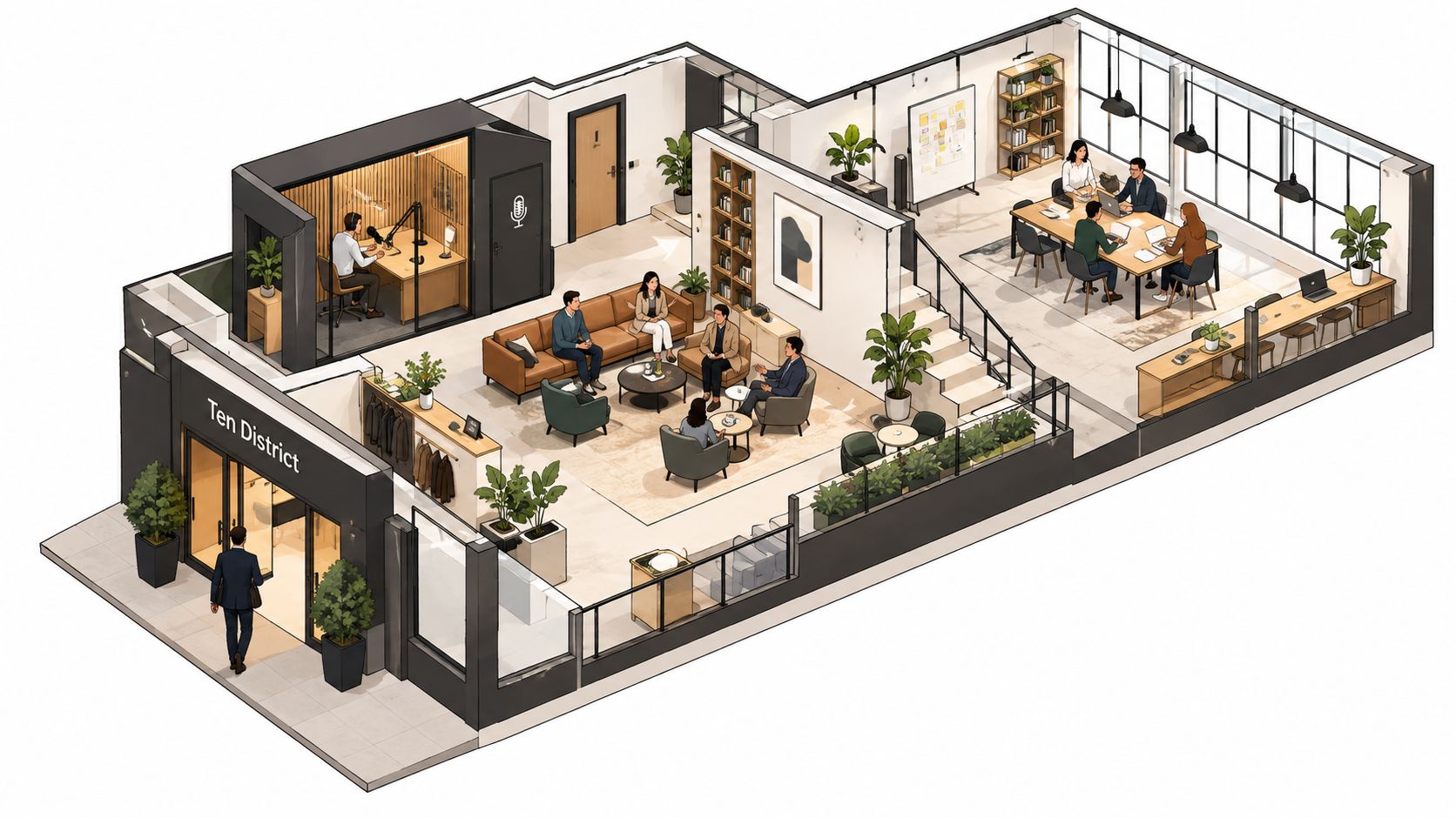An isometric view of a modern business networking club office featuring lounge, podcast room, and meeting areas.