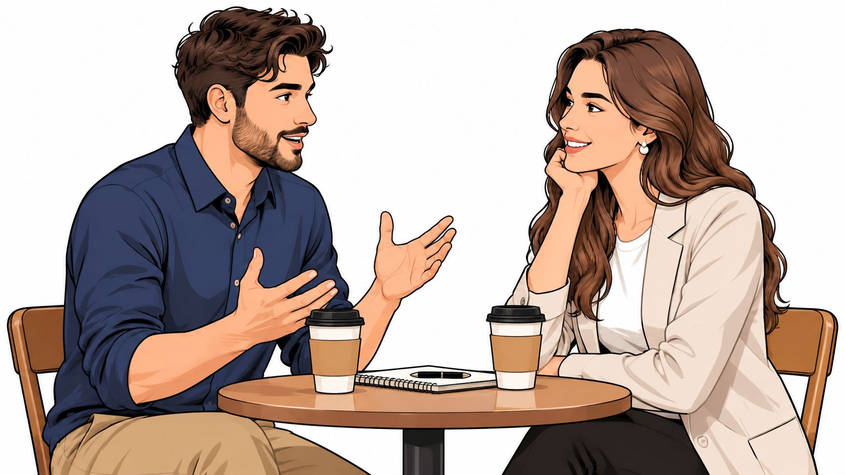 A man and woman having a friendly conversation while sitting at a small table with coffee cups.