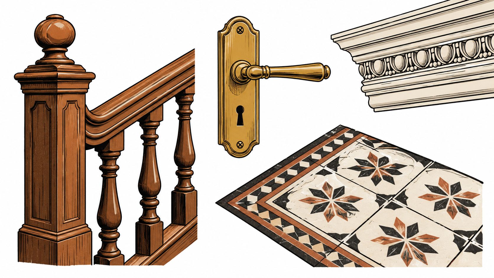 A collage showing a wooden stair railing, a vintage door handle, ornate crown molding, and decorative tiles.
