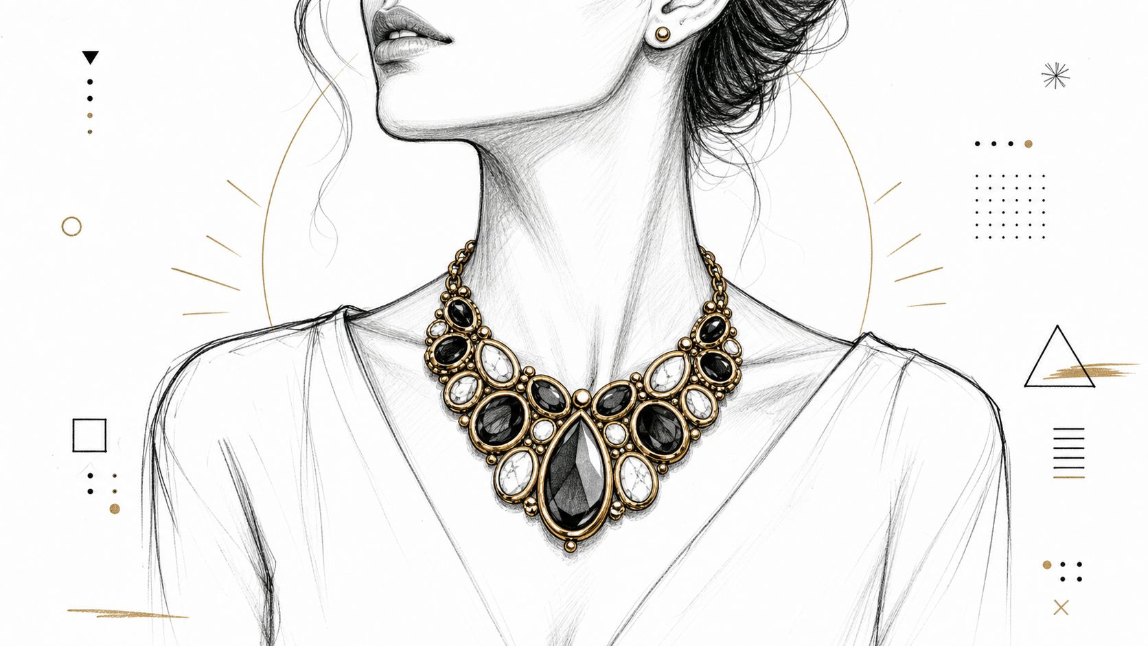 A pencil sketch of an elegant woman wearing a bold statement necklace with black and white stones.