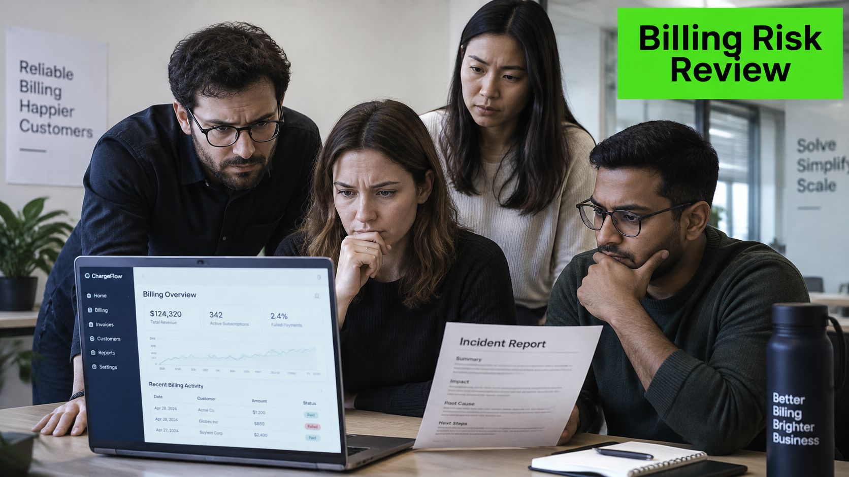 A professional team reviewing a billing dashboard and incident report during a risk assessment meeting.