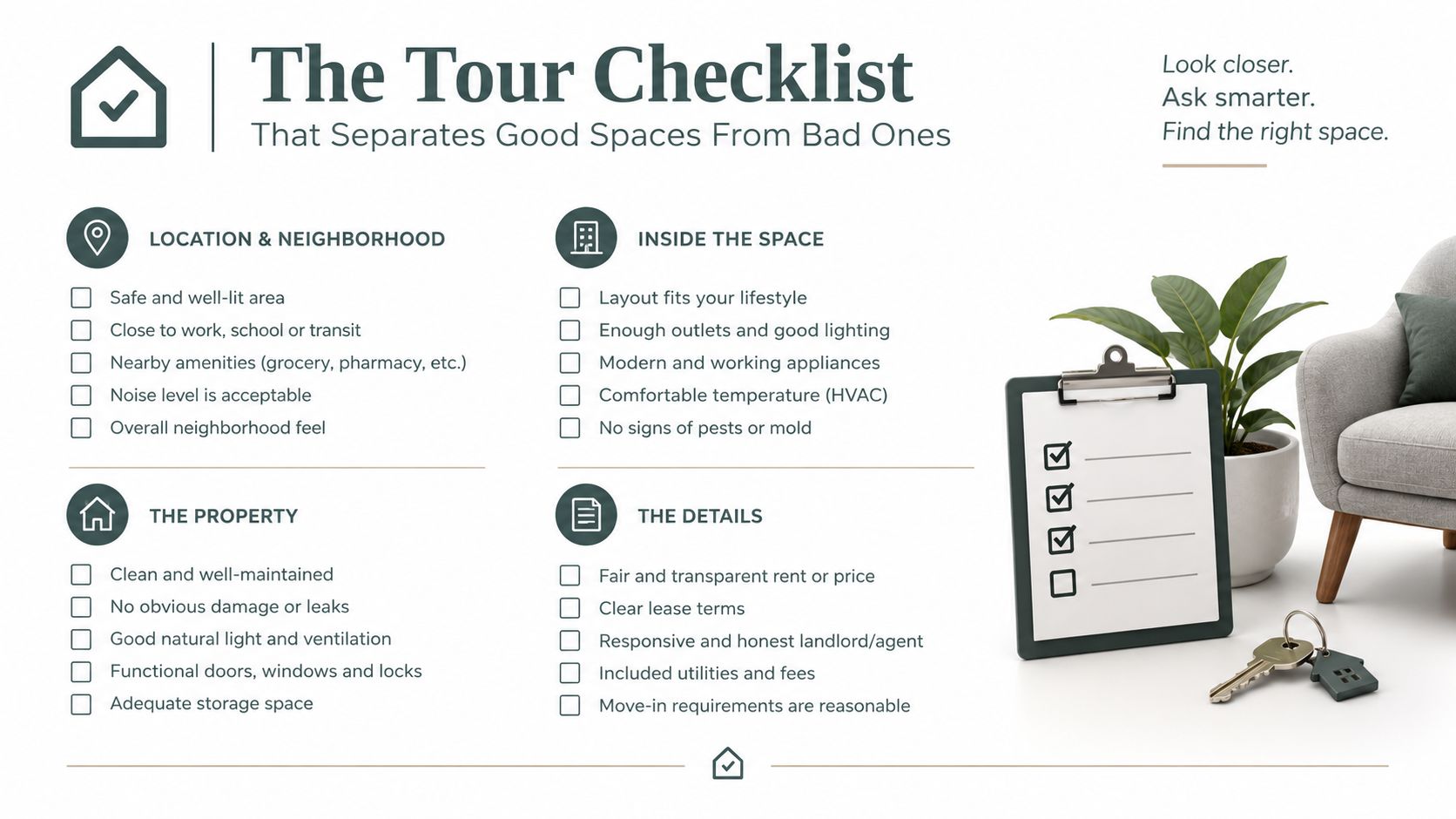 A comprehensive tour checklist for evaluating rental properties, featuring categorized criteria for choosing the right living space.