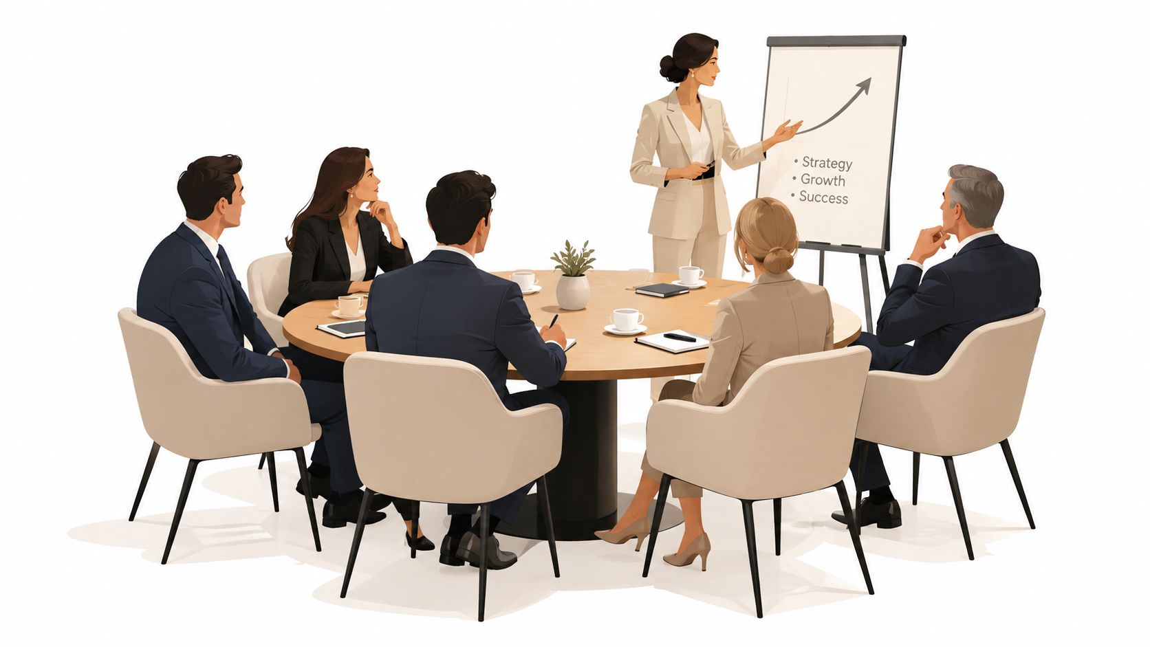 A professional team sitting around a circular table in a meeting led by a female presenter.