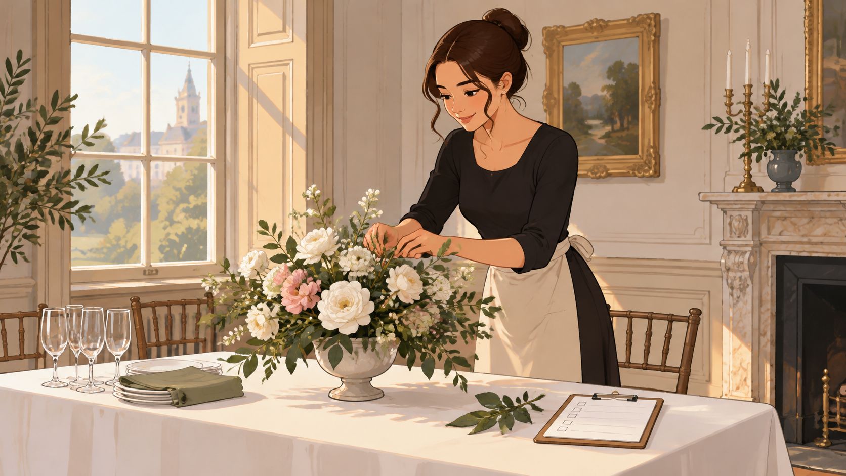 A woman in an apron arranging a beautiful floral centerpiece on a table for an event.