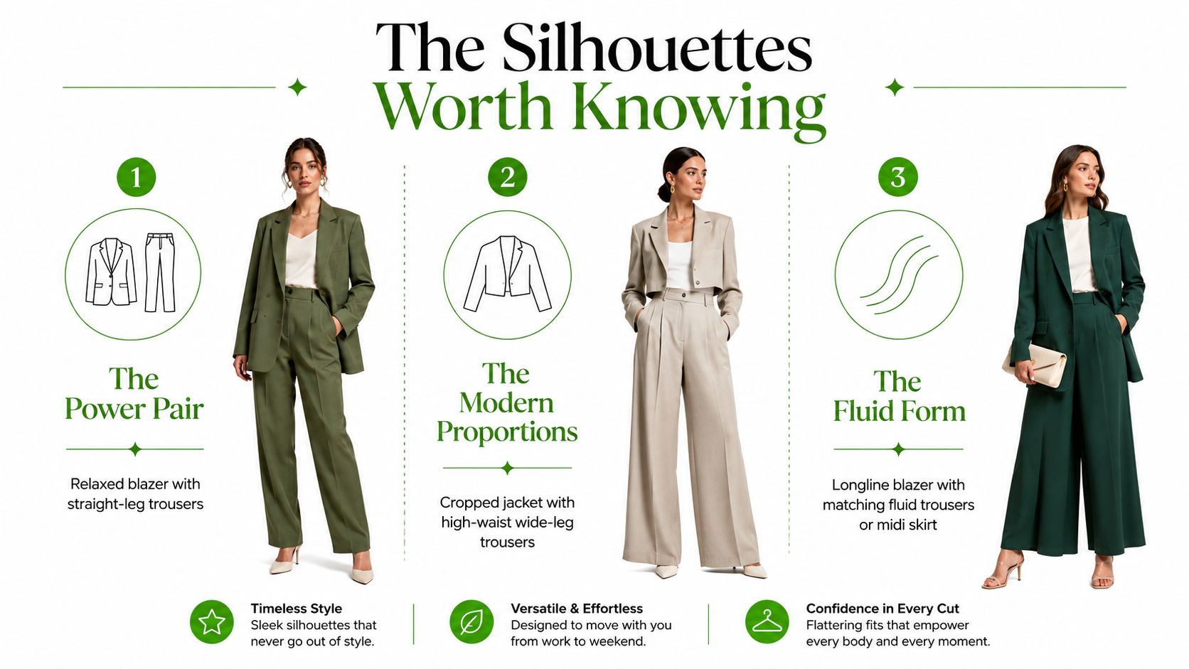 Three women modeling different styles of coordinated suit outfits, including blazers with trousers and wide-leg designs.