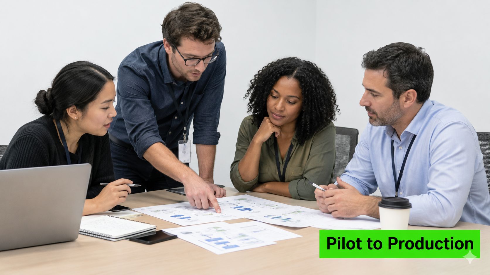 A diverse team of professionals collaboratively working on a strategic project at a conference table in an office.