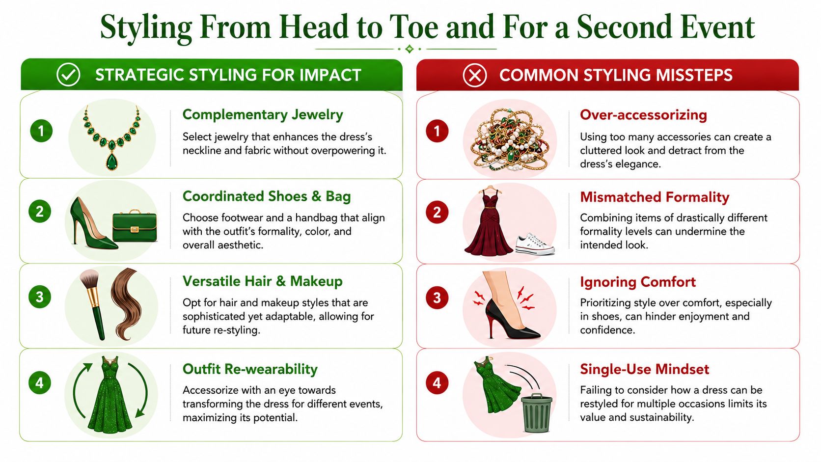 A comparison chart showing tips for styling elegant evening wear versus common mistakes to avoid when dressing.