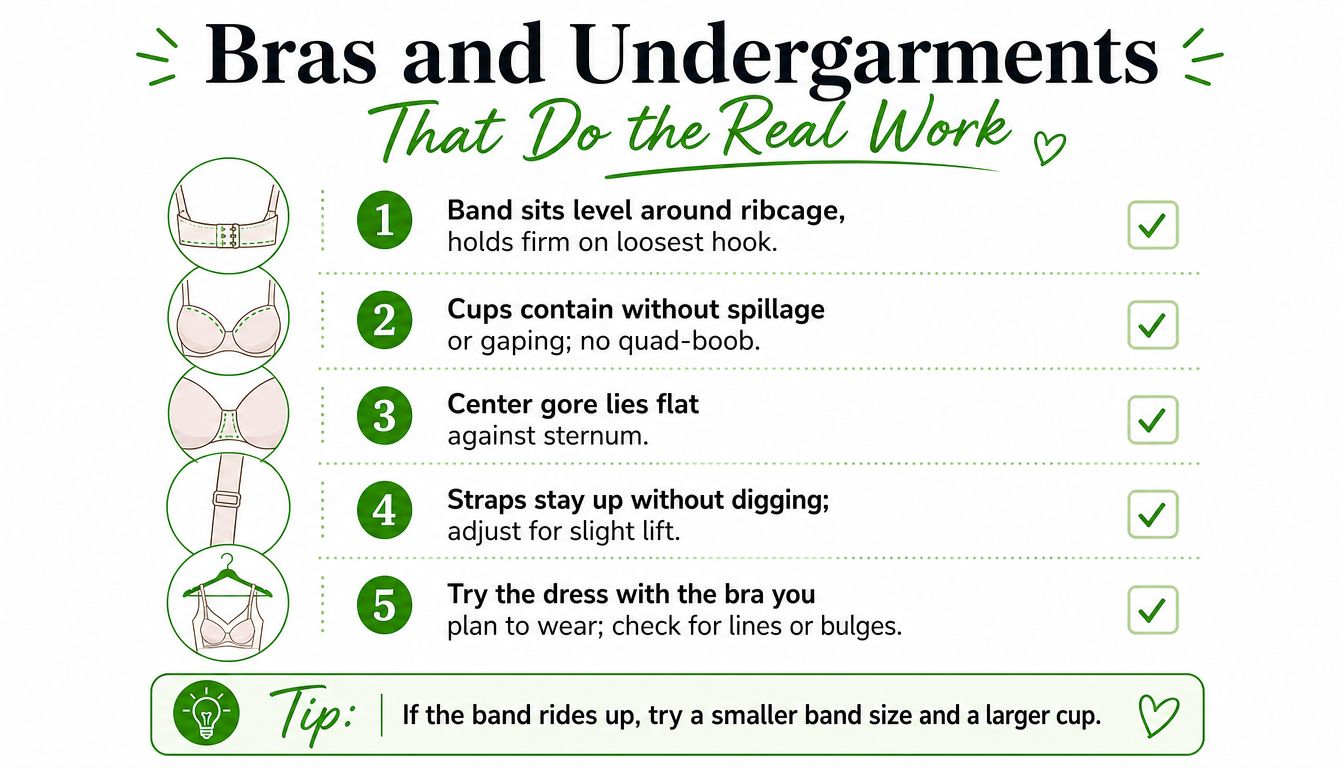 A guide listing five steps to check the proper fit of a bra for a dress.