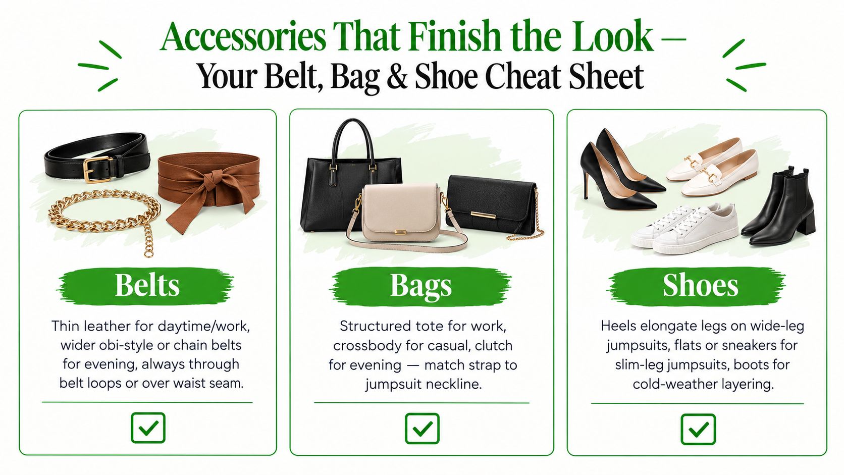 A fashion cheat sheet showcasing various styles of belts, bags, and shoes to accessorize jumpsuit outfits.