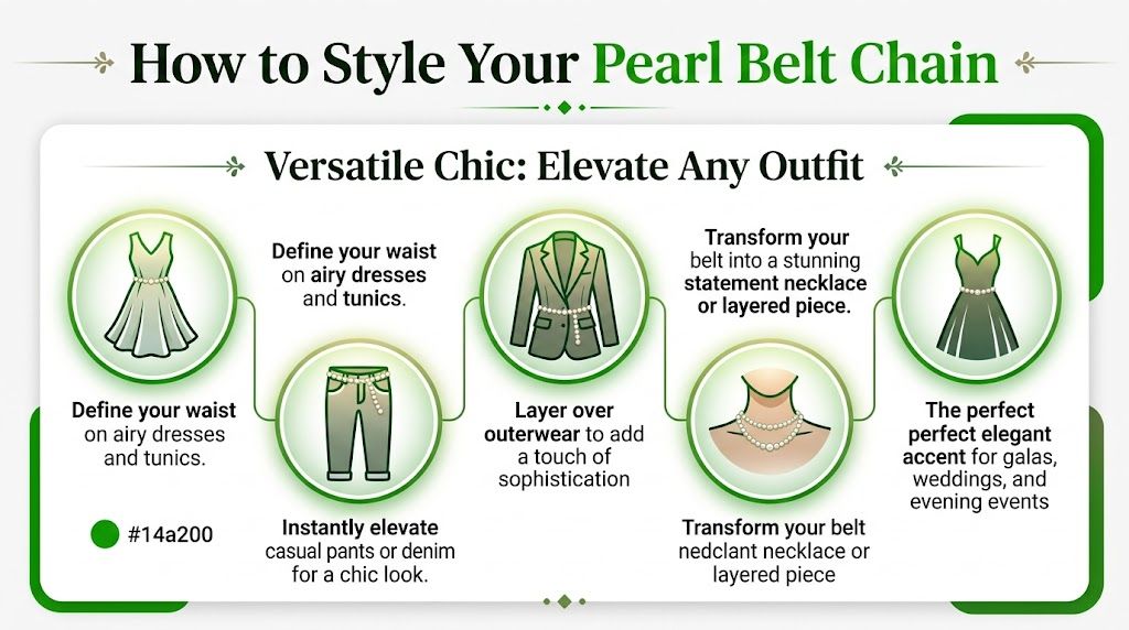 An infographic showing five ways to style a pearl belt chain for different outfits and occasions.