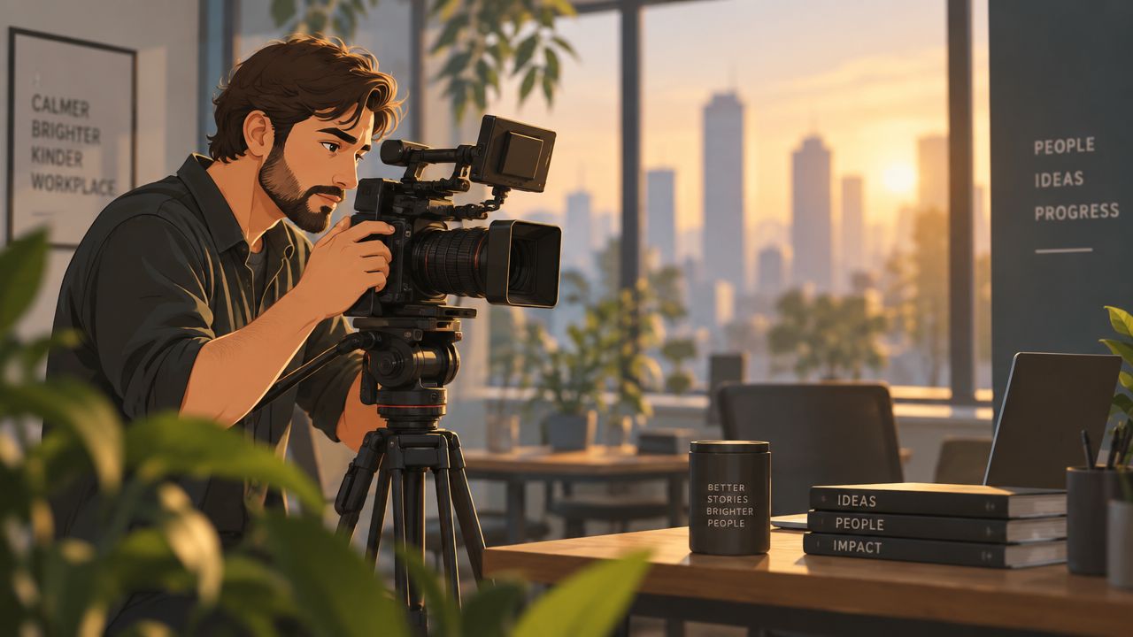 A professional videographer adjusting a cinematic camera on a tripod in a modern office with sunset city views.