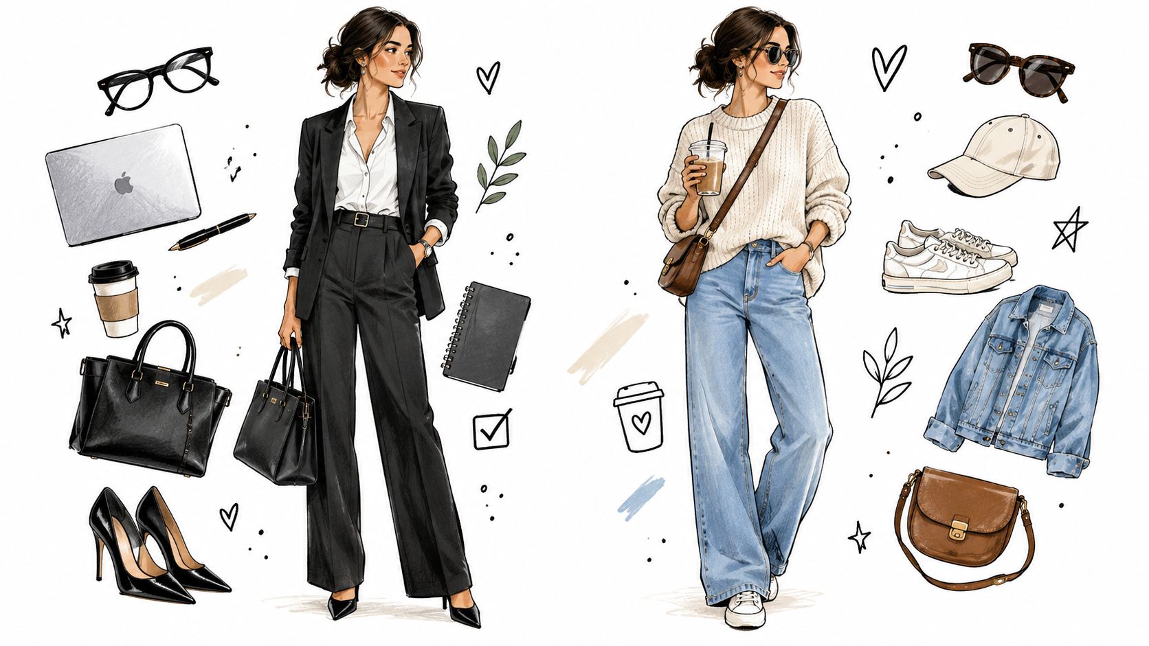A fashion illustration comparing professional office wear with a stylish casual outfit for women, featuring accessories.