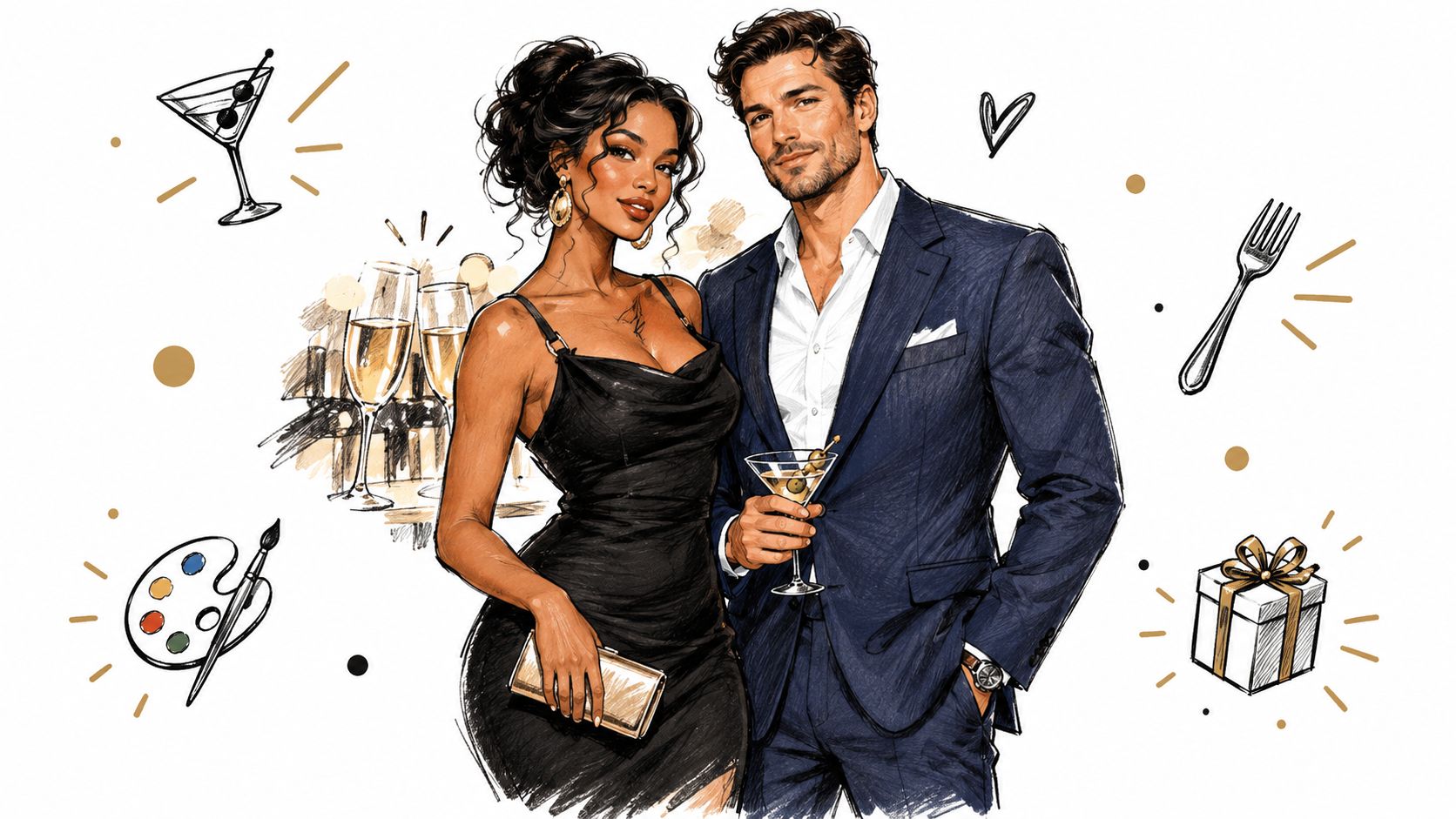 A stylish couple dressed in elegant formal evening attire posing for a social event with party icons.