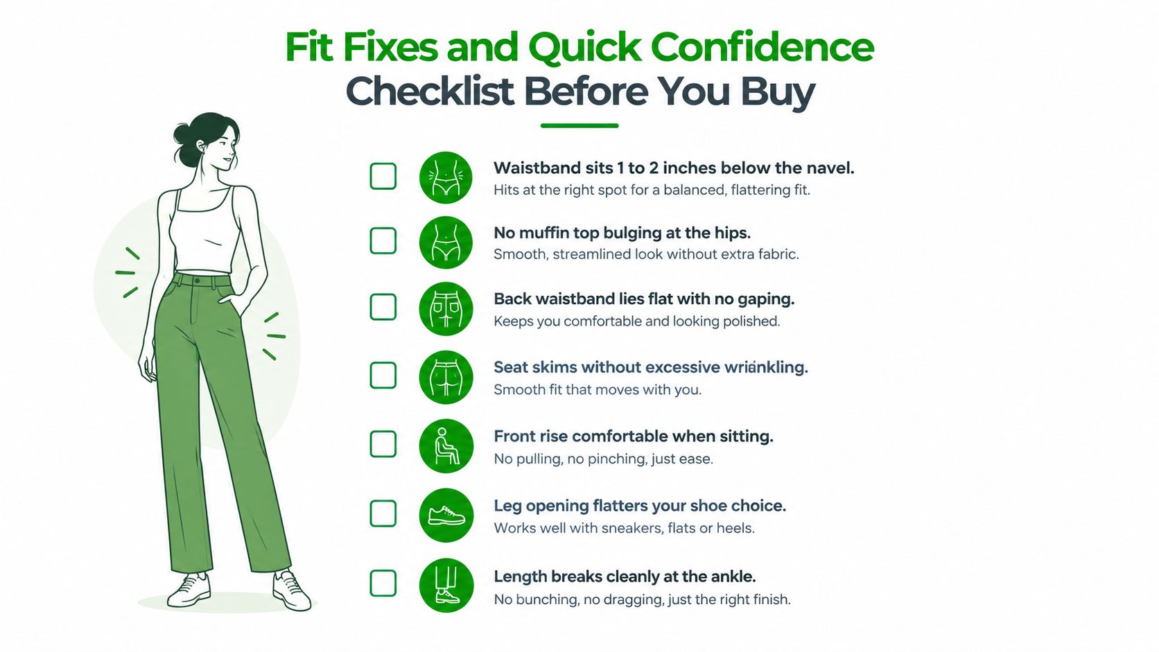 A checklist illustration for finding the perfect fit in low rise jeans featuring a woman standing.