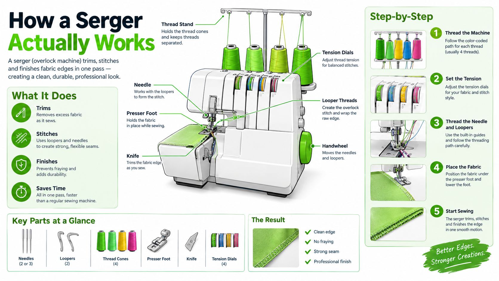 A detailed infographic explaining how a serger machine works, illustrating its key parts and sewing process.