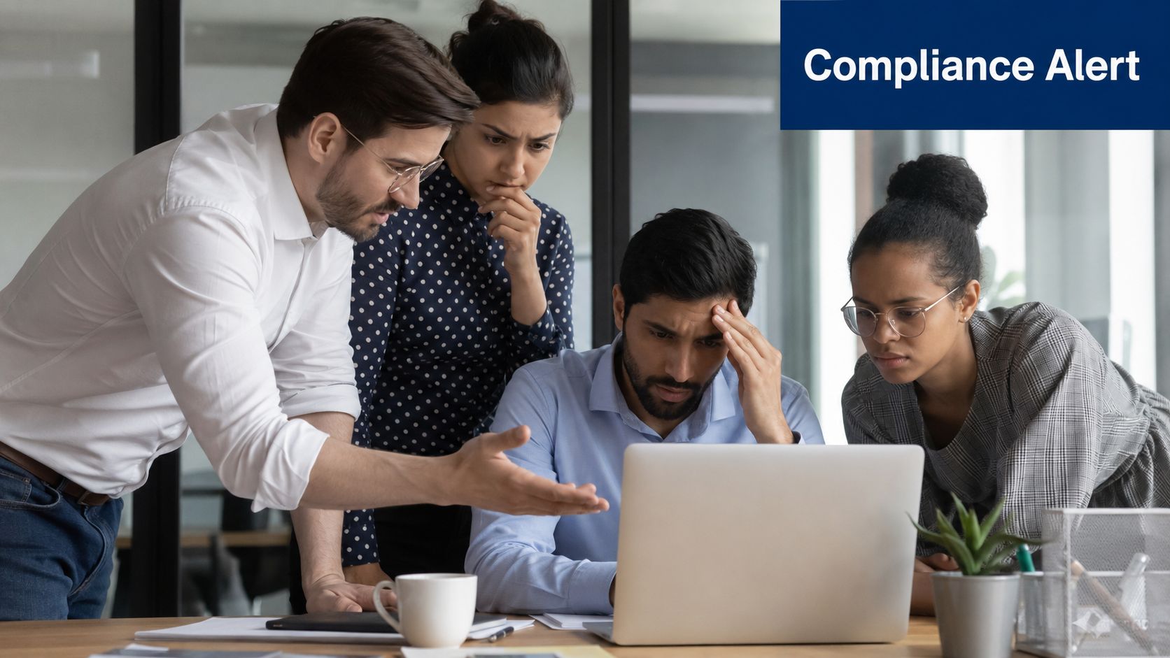 A diverse team of office professionals looking concerned while collaborating on a laptop during a meeting.