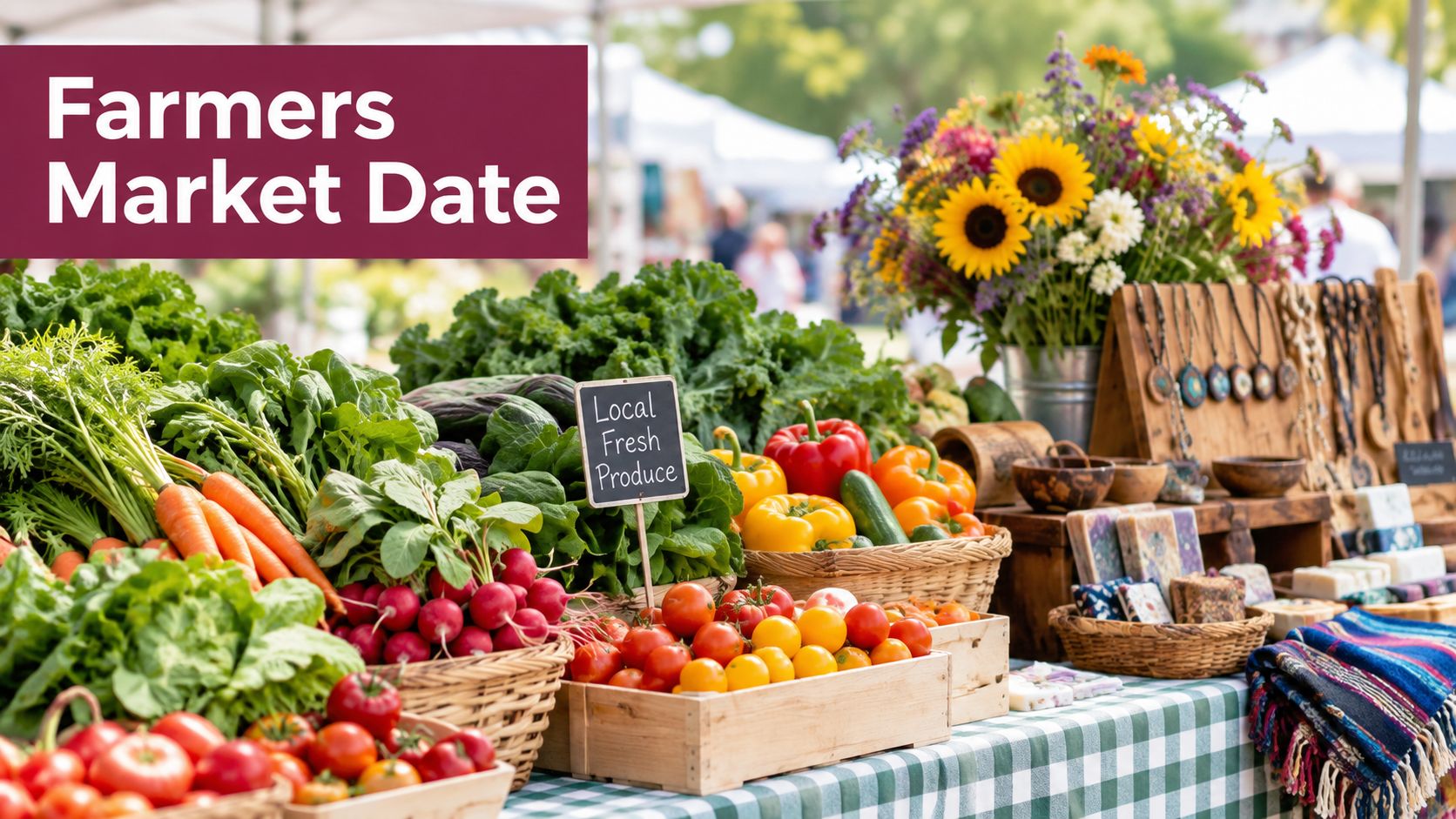 A colorful outdoor farmers market stall featuring fresh local produce, vibrant flowers, and handmade crafts for sale.