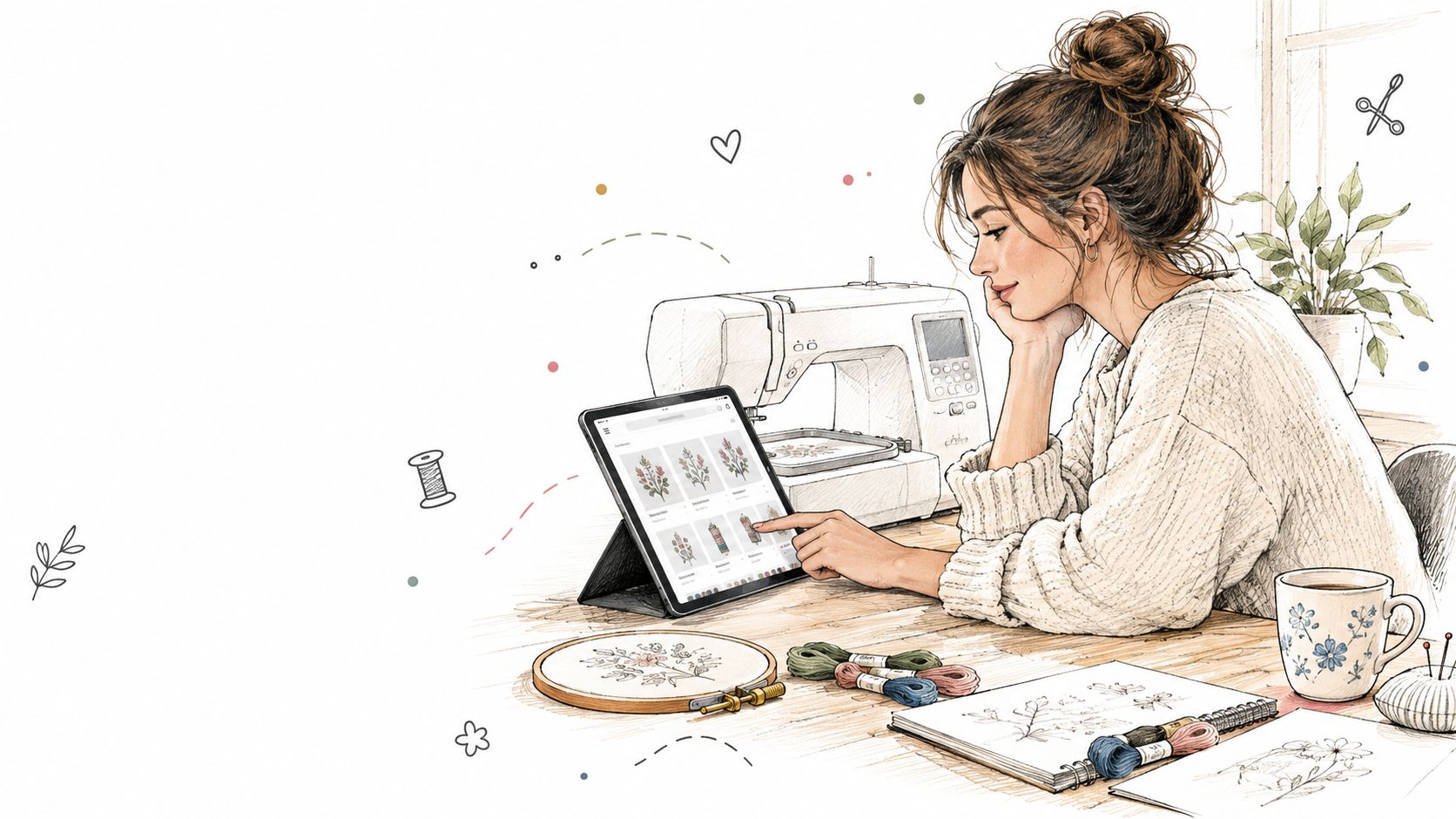 A woman sketching and selecting floral embroidery patterns on a digital tablet next to her sewing machine.