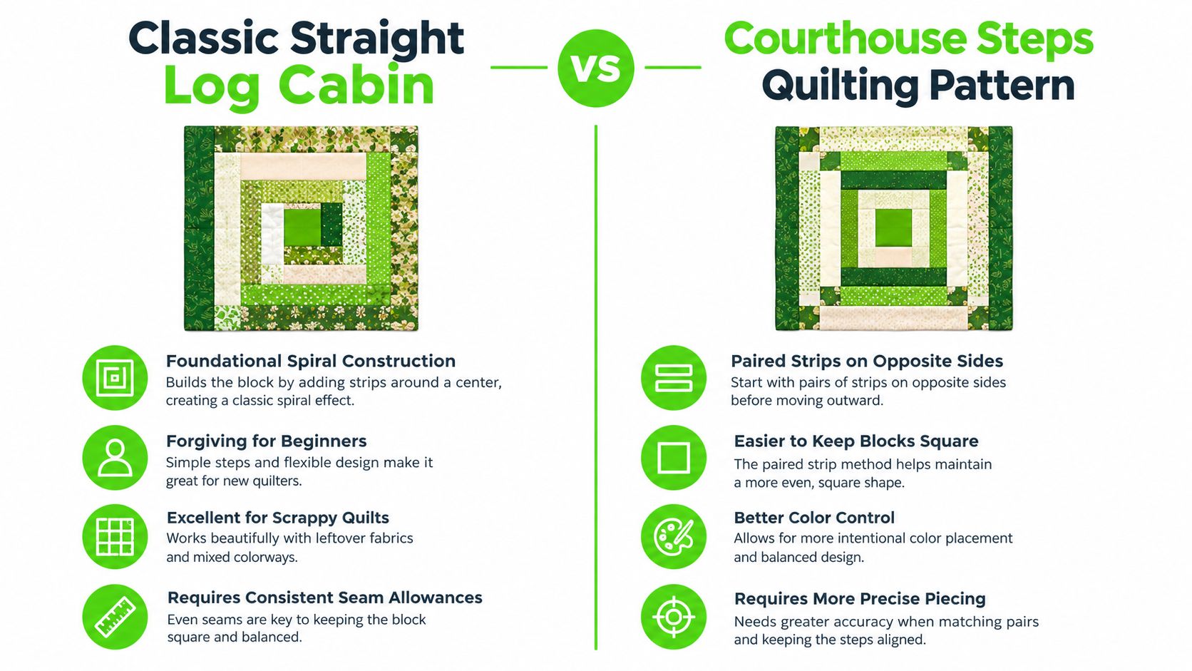 A comparison infographic between Classic Straight Log Cabin and Courthouse Steps quilting patterns, highlighting features and construction methods.