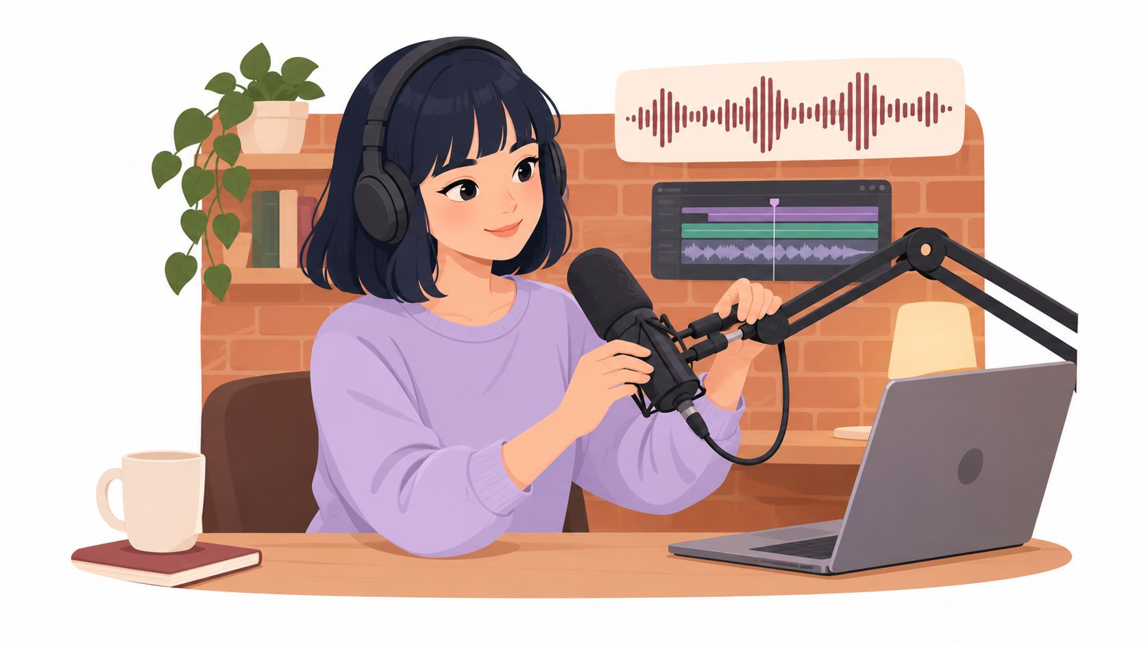 A young woman with headphones recording a podcast on a microphone in front of her laptop.