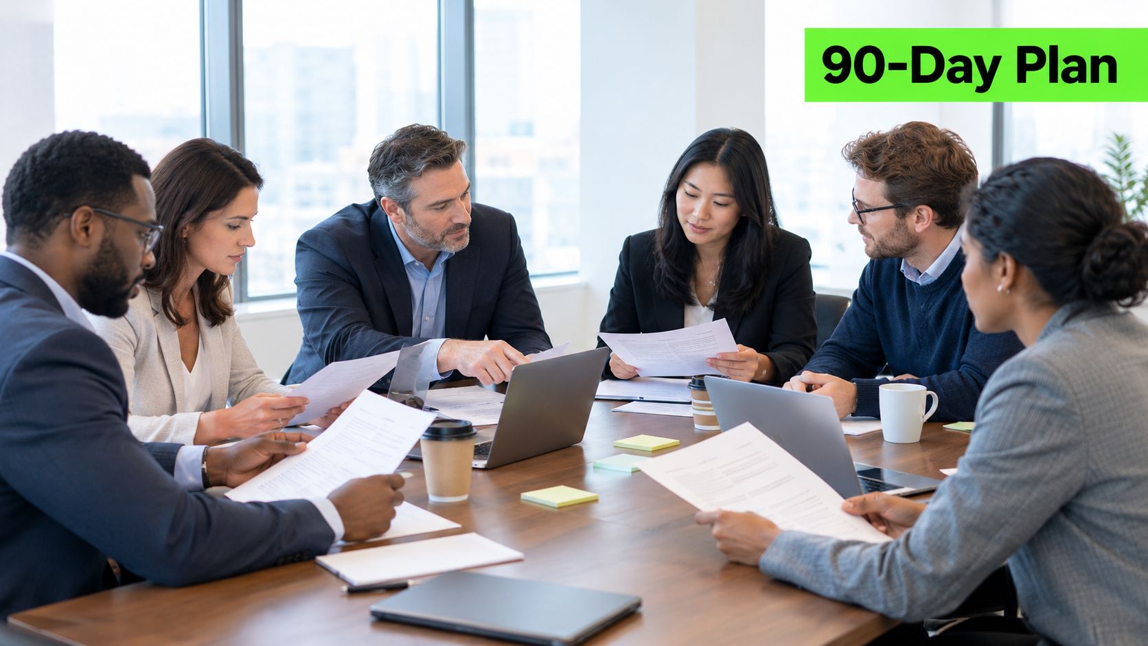 A professional team of diverse business people collaborating around a conference table during a strategy meeting.