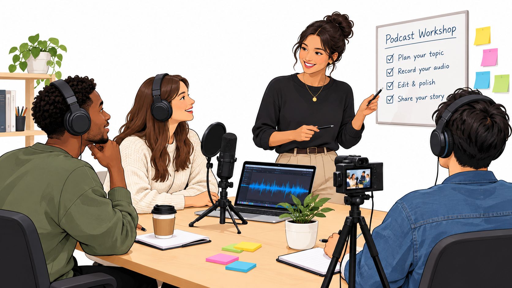 A professional instructor leading a podcast workshop for a group of creative students in a modern studio.