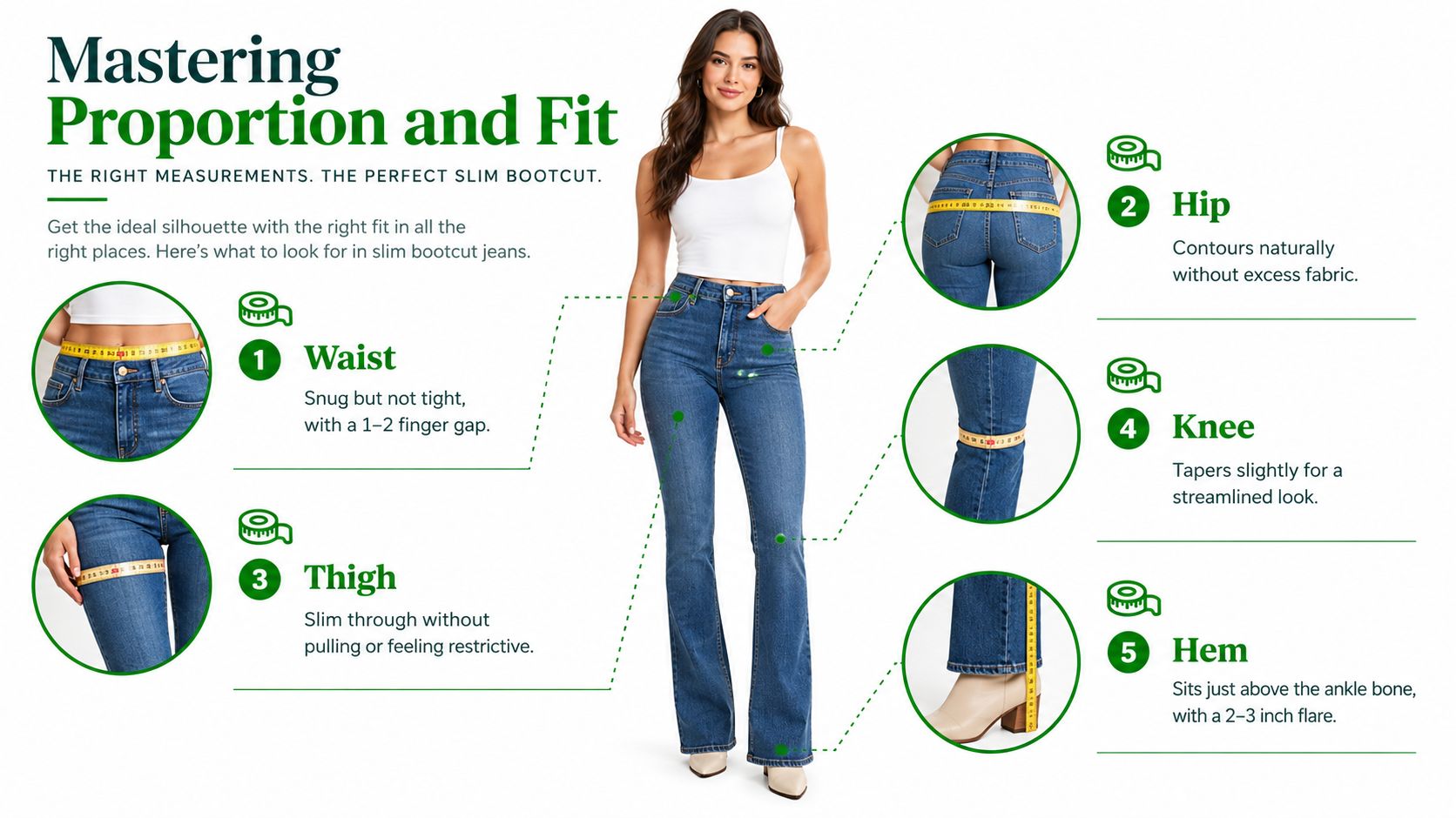 A guide on finding the perfect fit for slim bootcut jeans featuring five key body measurement points.